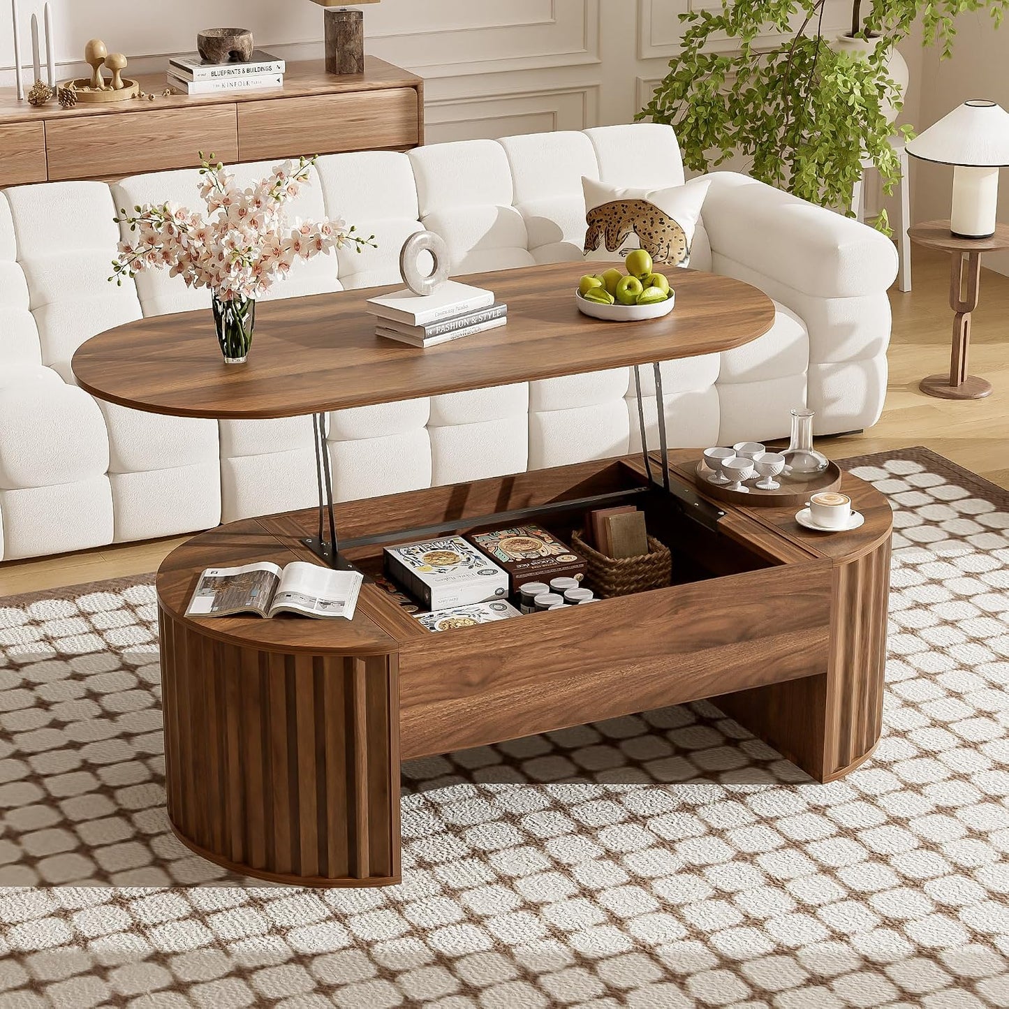 47.2" Lift Top Coffee Table with Hidden Compartment, Modern Oval Fluted Wooden Center Table Cocktail Tea Table with Curved Safety Corners and Adjustable Height for Living Room, Brown
