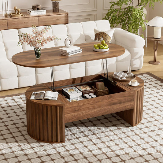47.2" Lift Top Coffee Table with Hidden Compartment, Modern Oval Fluted Wooden Center Table Cocktail Tea Table with Curved Safety Corners and Adjustable Height for Living Room, Brown