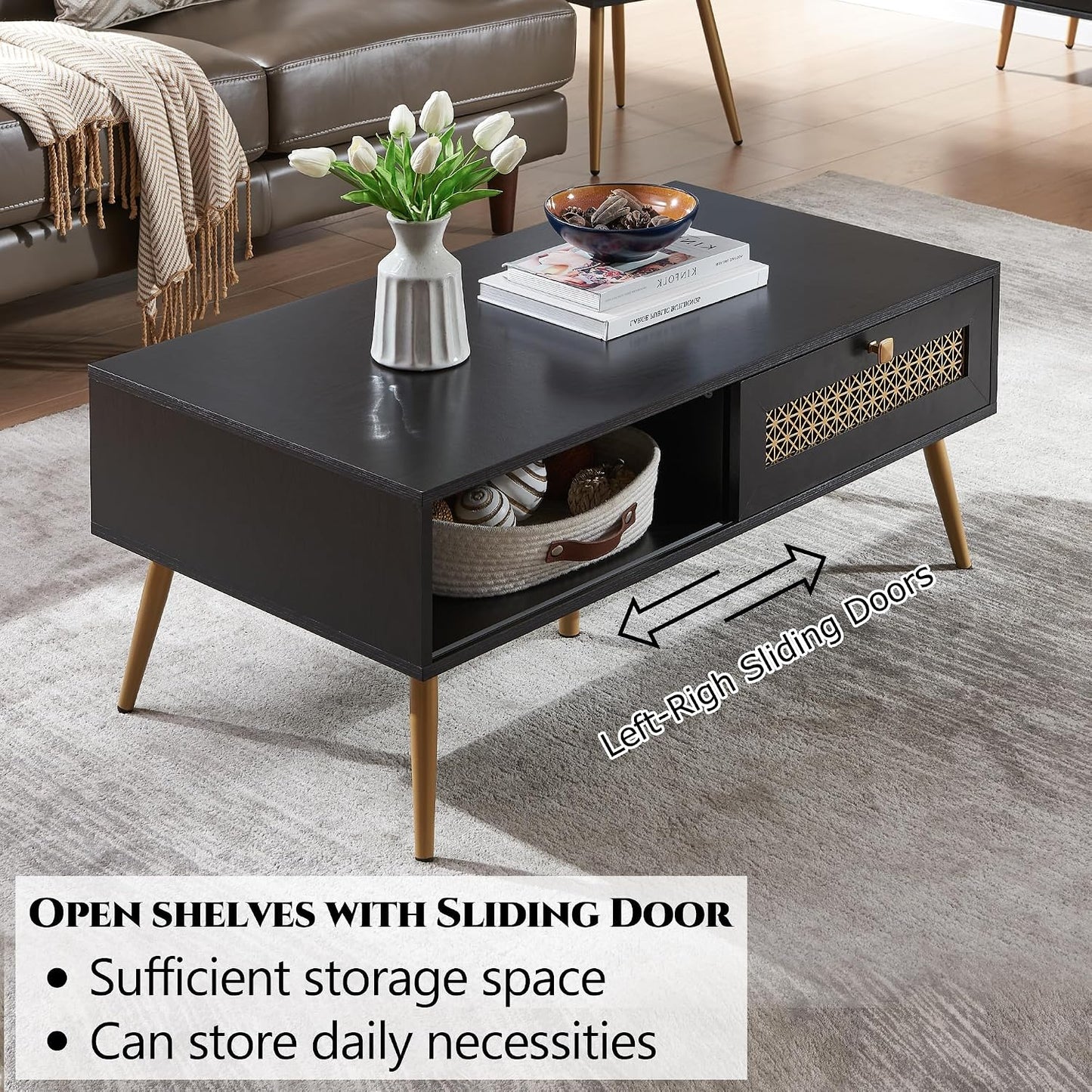 Wooden Mid Century Modern Coffee Table, Retangle Coffee Table with Sliding Door for Living Room, Black
