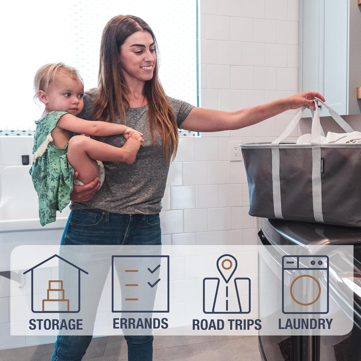CleverMade Collapsible Laundry Tote, 50L Carry-All Tote, 2 Pack, Denim | Carry a Full Load with One Hand | Long Center Handles Balance 55 lb, While the Steel Rim Holds Shape and Folds Flat
