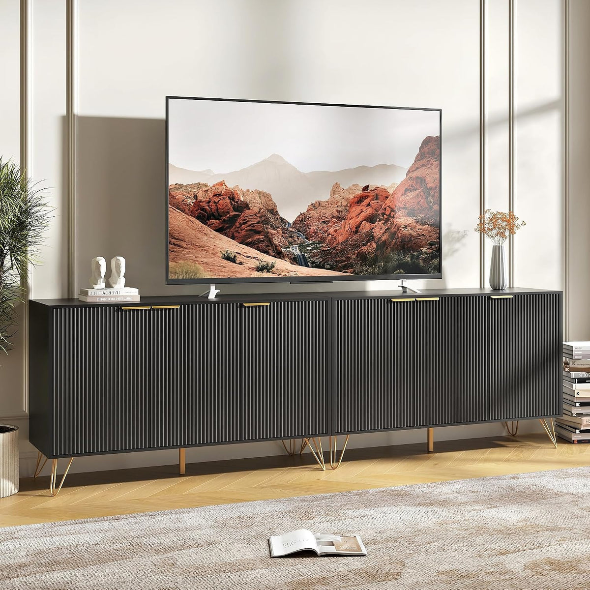 90 inch TV Stand with 6 Fluted Doors and Adjustable Shelves, Black丨Modern Entertainment Center Cabinet, Wood Media Console Storage Cabinets for Living Room Bedroom