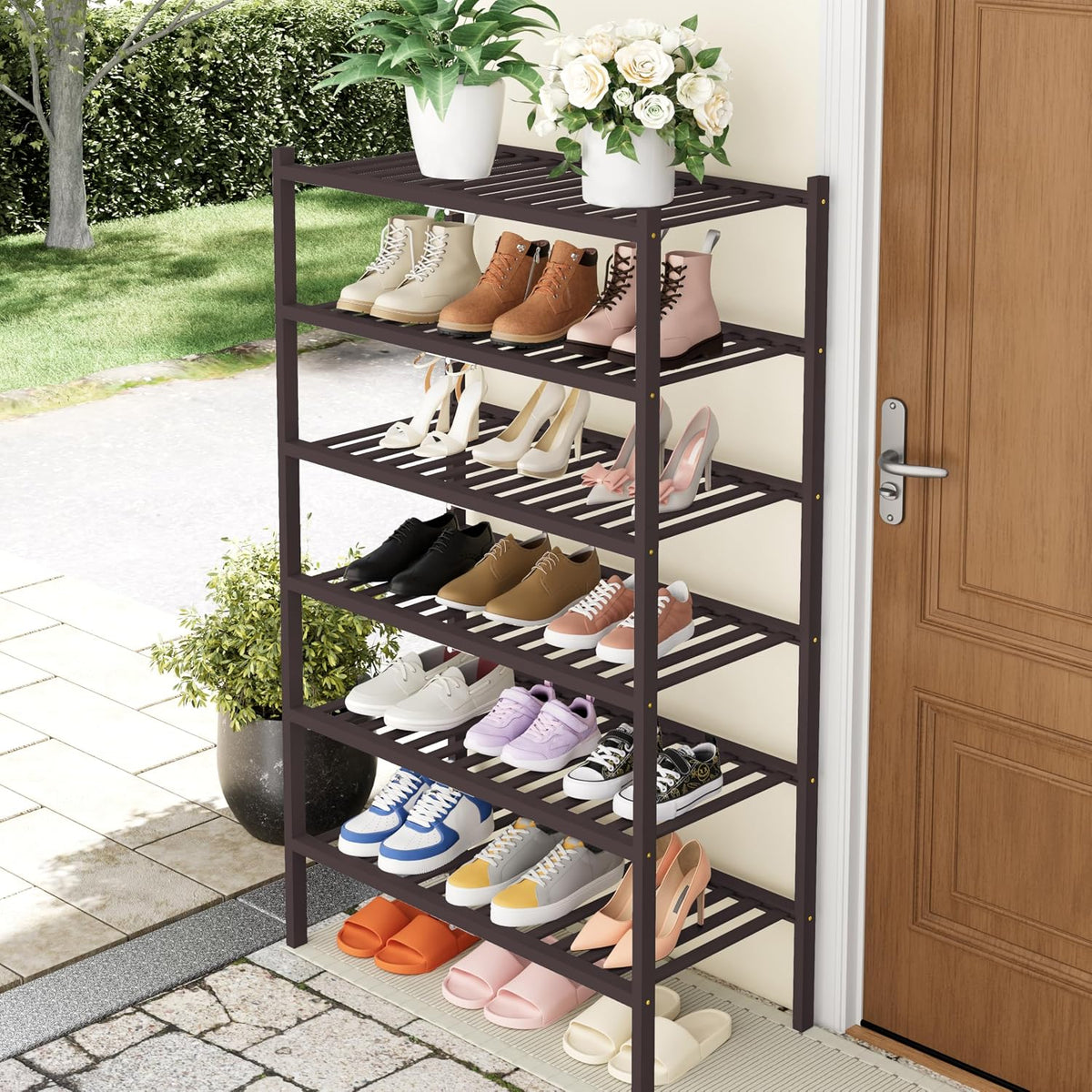 Smiry Bamboo Shoe Rack, 14 Vertical Slats, 6 Tier - 26.8" Wide, Brown