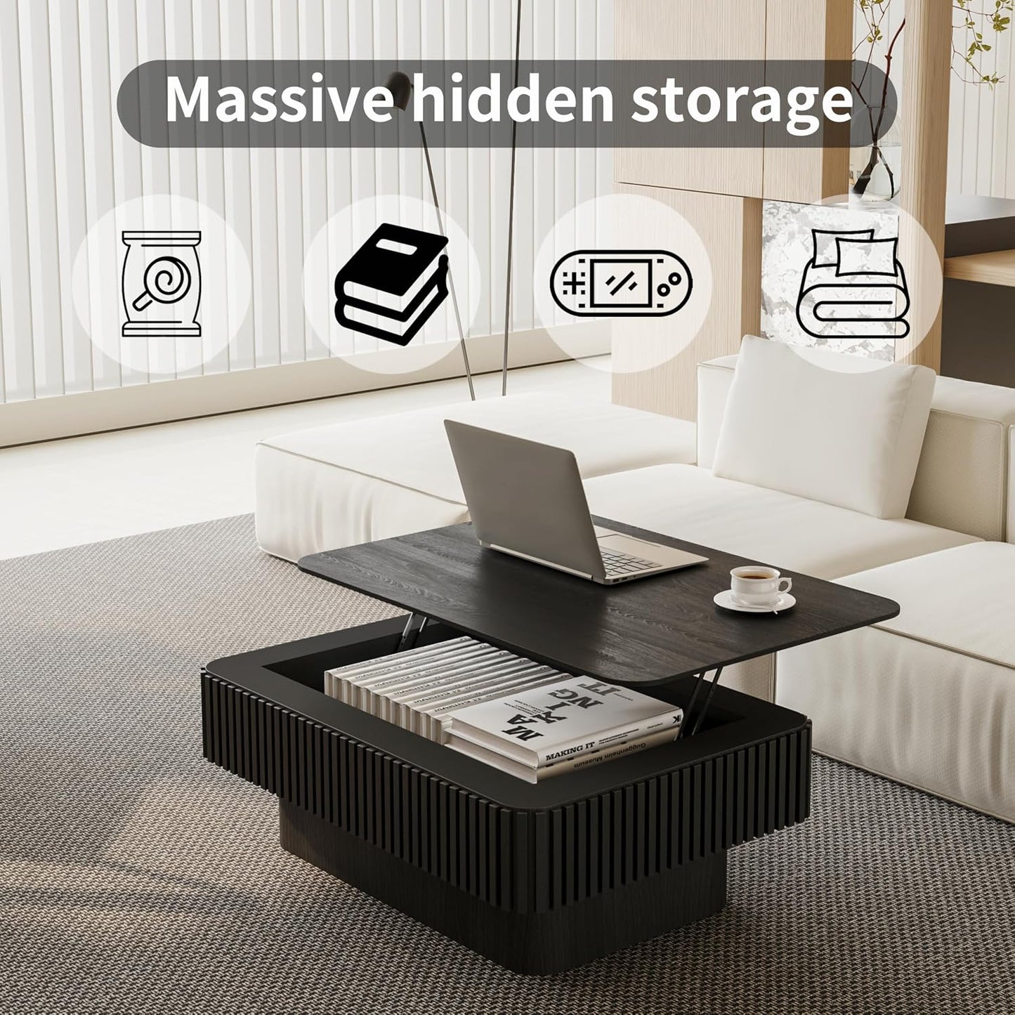 38.6'' Lift Top Coffee Table with Hidden Compartment, Modern Rectangular Fluted Wooden Center Table Cocktail Tea Table with Storage and Adjustable Height for Living Room Apartment, Black