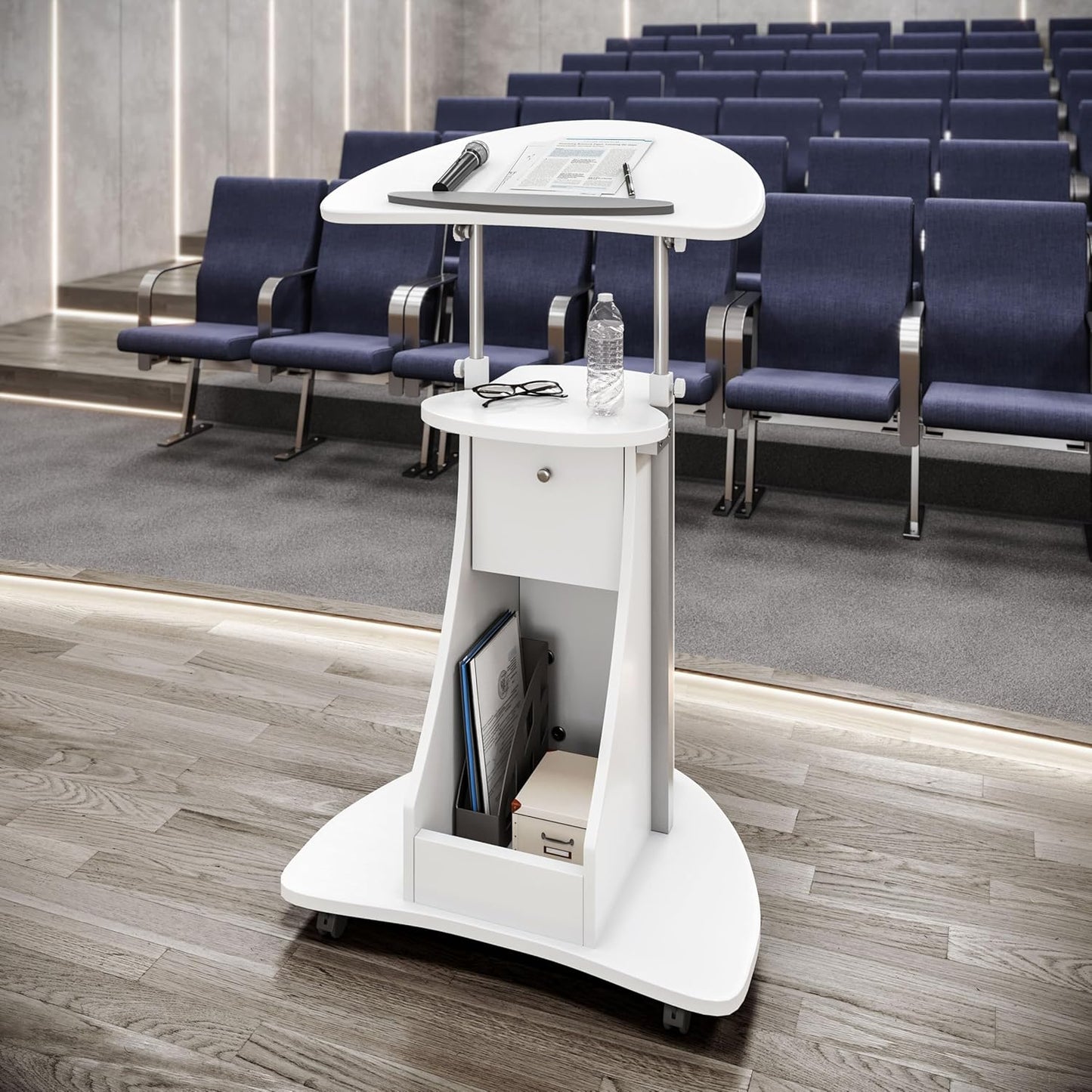Adjustable Height Rolling Laptop Cart with Storage, Sit to Stand Desk with Wheels, Podium Stand or Medical Cart, White