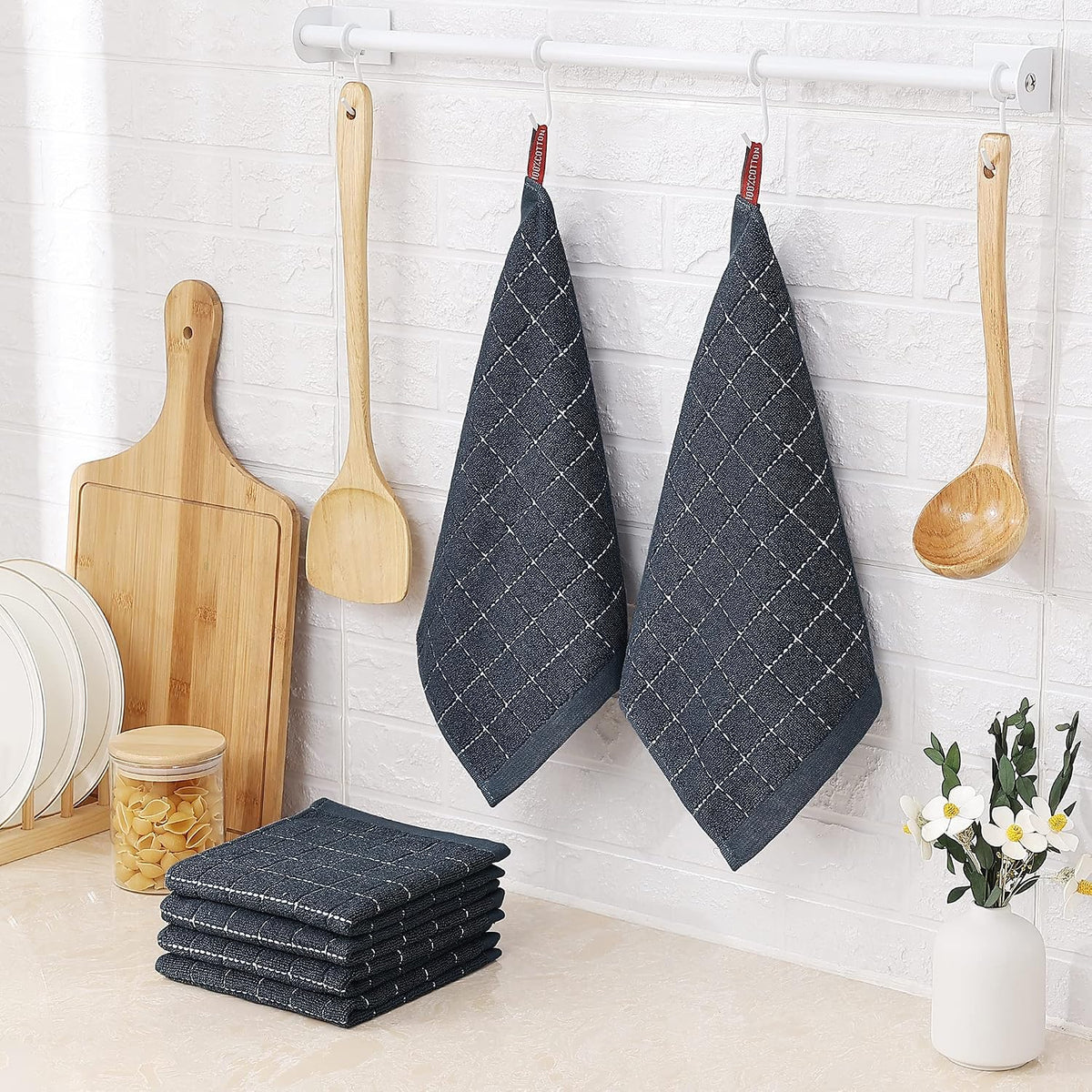Homaxy 100% Cotton Terry Kitchen Dish Cloths, 12 Pack, Dark Grey