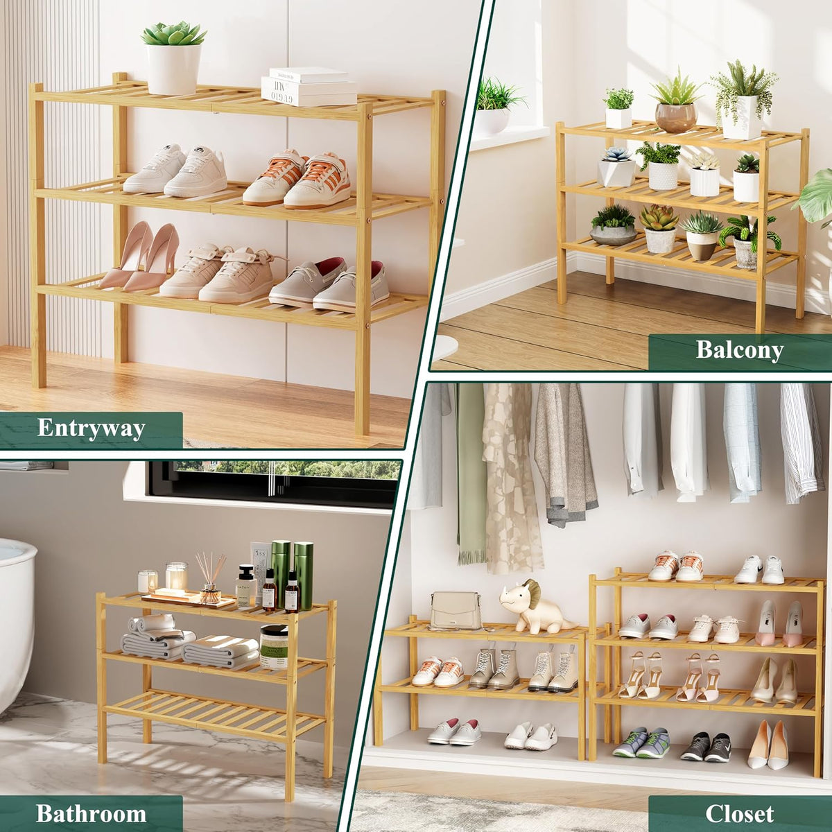 Smiry Bamboo Shoe Rack, 16 Vertical Slats, 4 Tier - 33.7" Wide, Natural