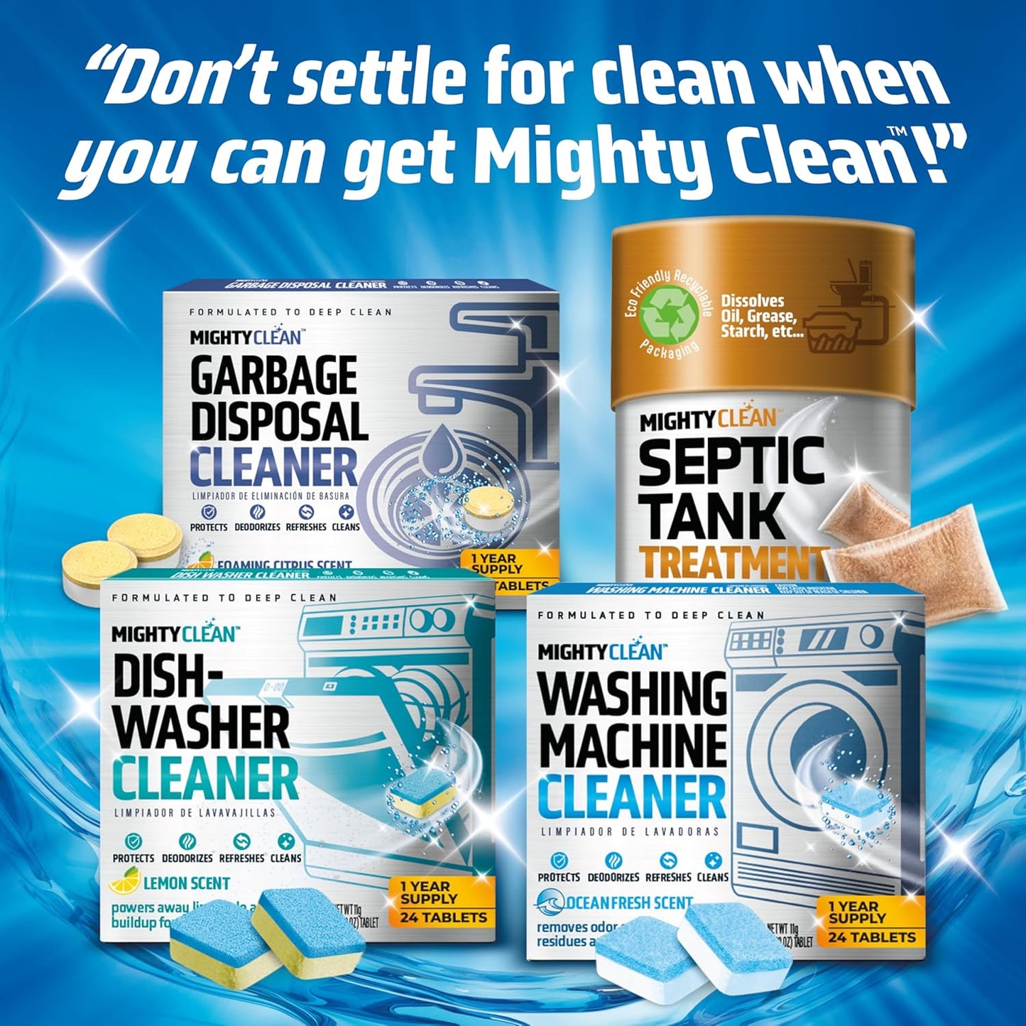 MIGHTY CLEAN Washing Machine Cleaner Tablets 24 Pack - 1 Year Supply, Septic Safe Washing Machine Cleaning Tablets, Washer Cleaner Tablet, Works with All Washers Including HE