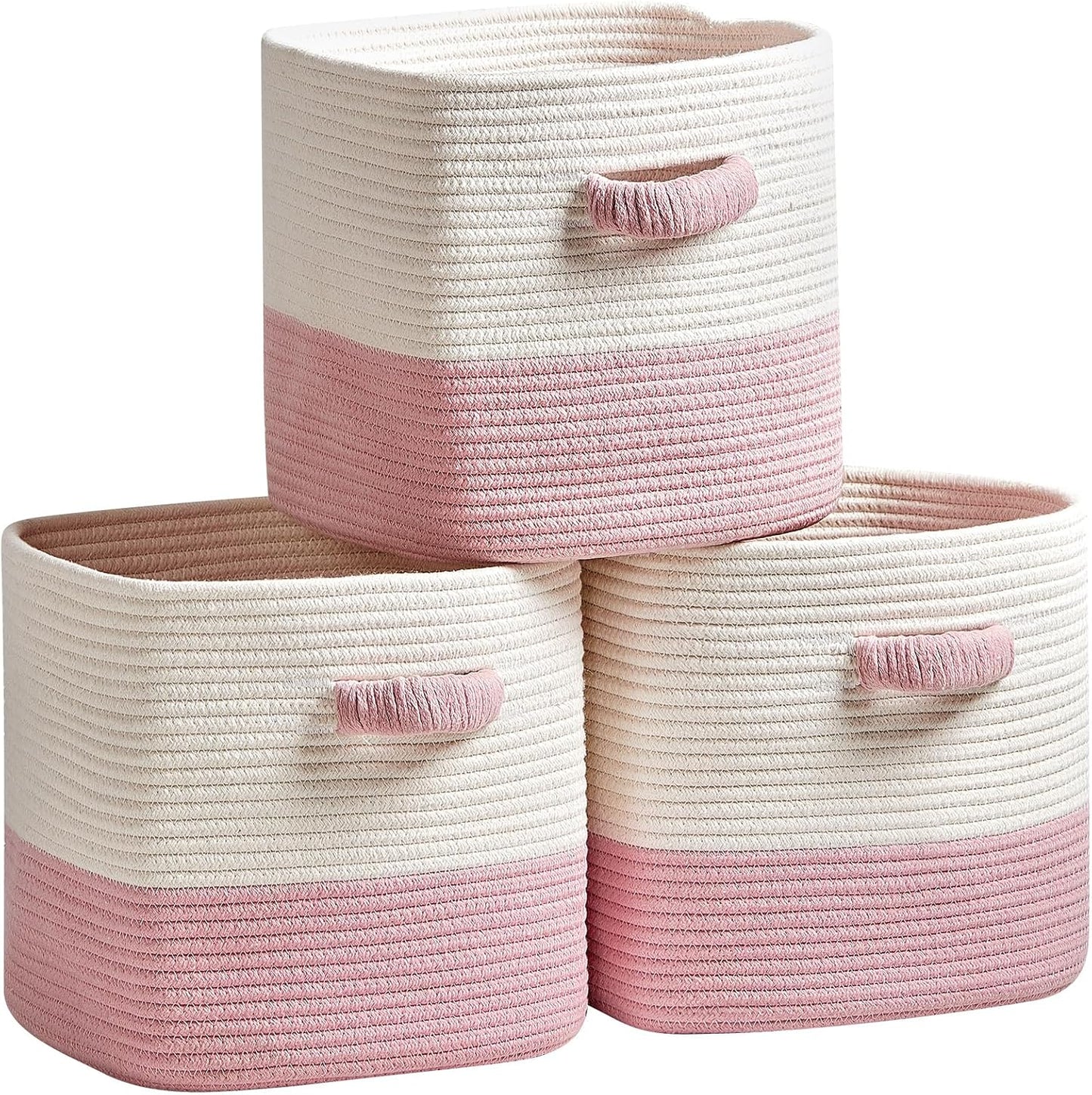 R RUNKA Storage Cube Baskets for Organizing 11 inch-3 Pack- Square Baskets for Cube Storage, Closet Storage Bins - Woven Cube Storage Bins for Shelves- Cube Drawer- Ideal for Toy Storage White & Pink