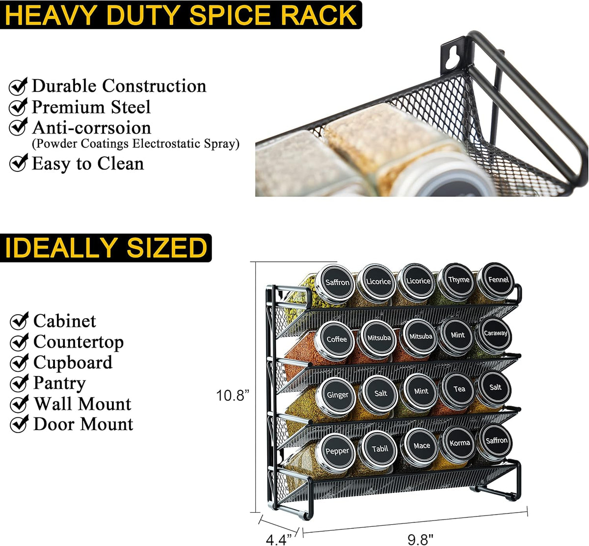 SpaceAid Spice Rack Organizer with 20 Spice Jars, 386 Spice Labels, Chalk Marker and Funnel Set for Cabinet, Countertop, Pantry, Cupboard or Door & Wall Mount - 20 Jars, 9.8" W × 10.8“H, Black