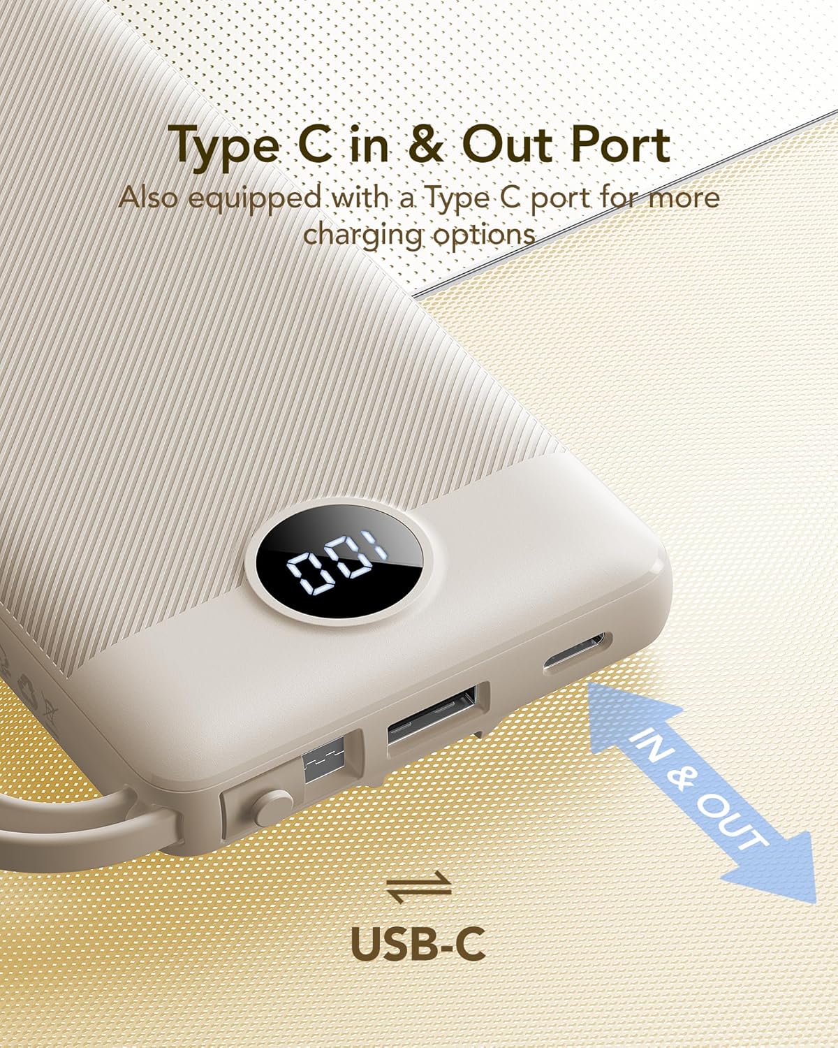 VRURC Portable Charger Power Bank,10000mAh Travel Essentials Battery Pack, 5 Outputs 2 Inputs Slim USB C Charging Bank Built-in 4 Cables for All Cell Phones, Samsung,Android-Light Coffee(1 Pack)