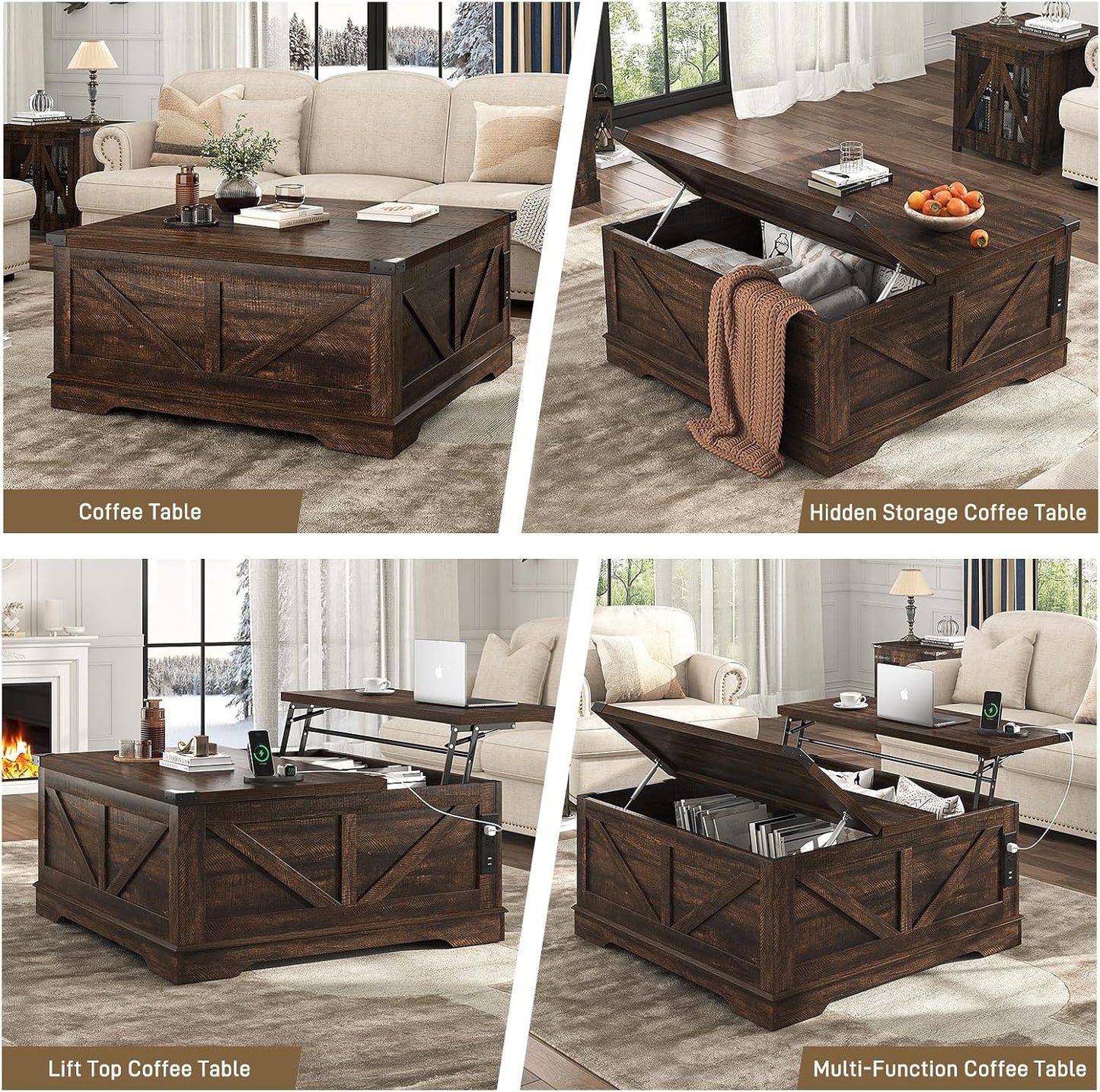 Hlivelood 40” Large Farmhouse Lift Top Coffee Table with Power Outlets and Large Hidden Storage, Square Wood Living Room Tables, Multi-Function Lift Wooden Barn Door Center Table, Brown