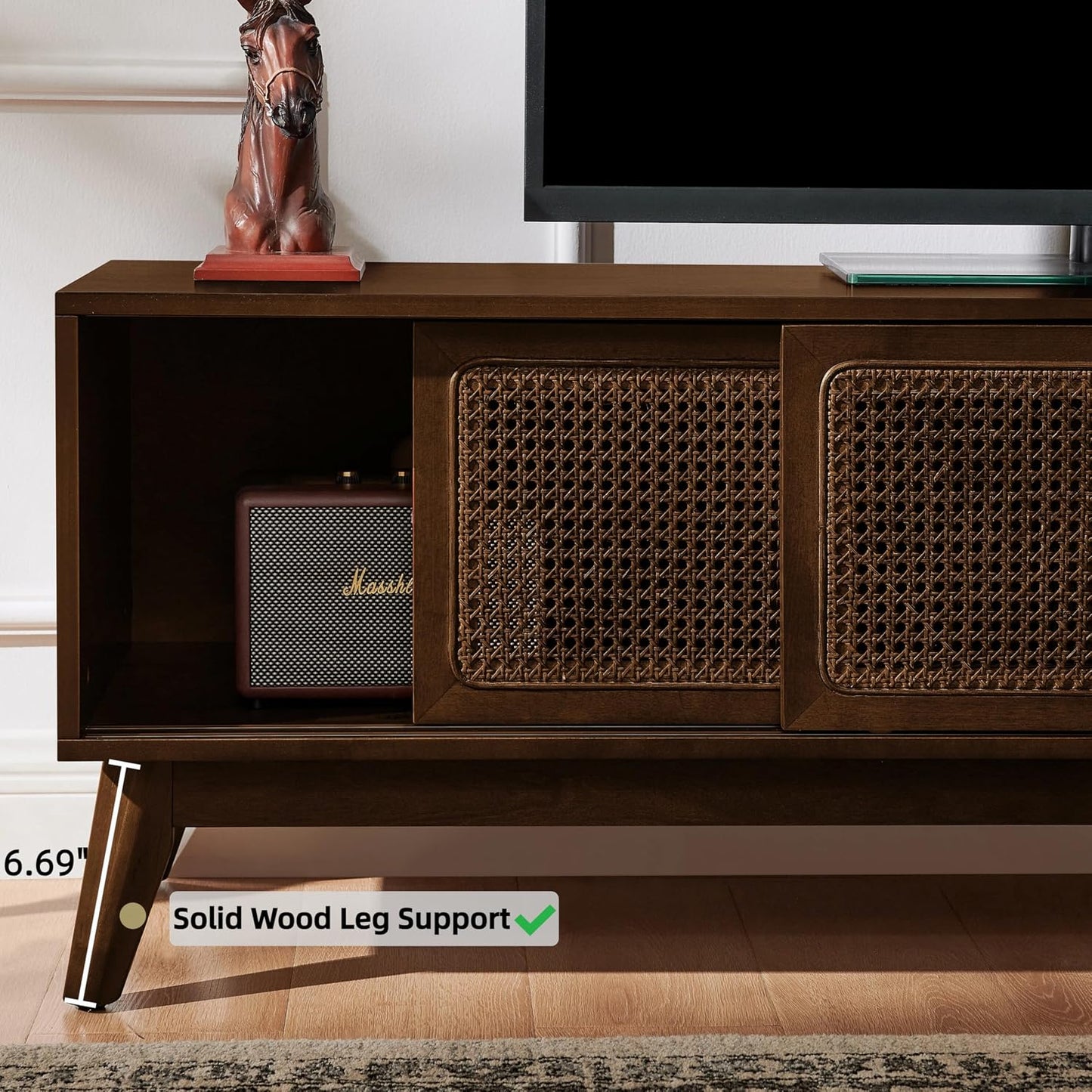 LKTART 59" Rattan Mid Century TV Stand,Entertainment Center,Media Console | Real Wood Veneer Mid Century Modern TV Stand for Living Room,Rattan Media Console Cabinet with Solid Wood Legs,Dark Walnut