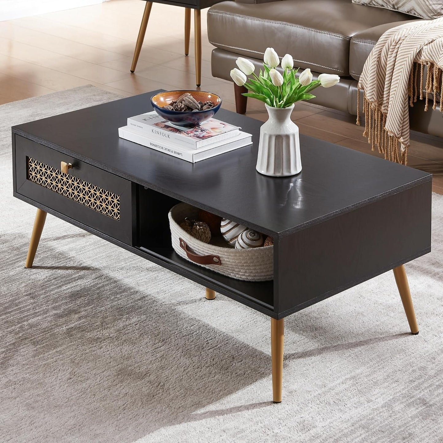 Wooden Mid Century Modern Coffee Table, Retangle Coffee Table with Sliding Door for Living Room, Black