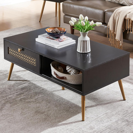 Wooden Mid Century Modern Coffee Table, Retangle Coffee Table with Sliding Door for Living Room, Black