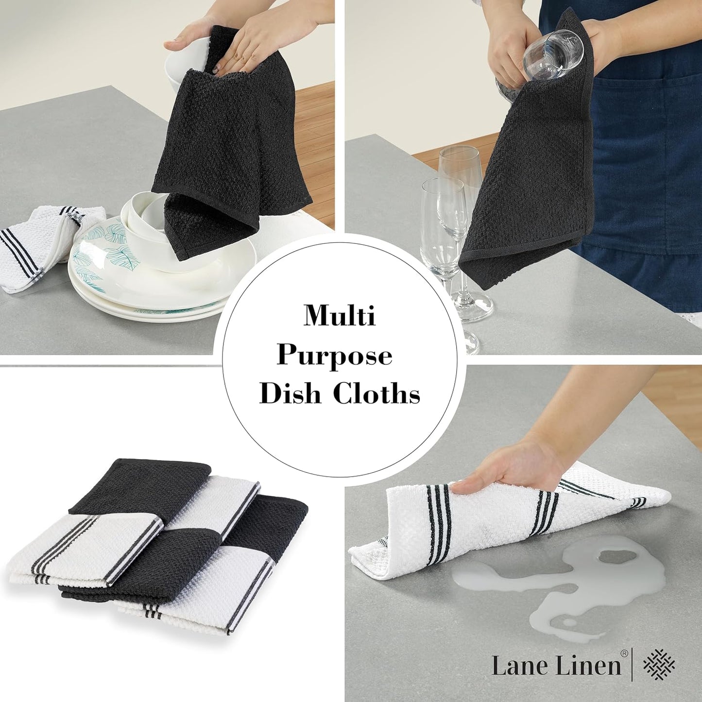 LANE LINEN 16-Piece Kitchen Towels & Dishcloths Set – Heat Resistant Silicone Oven Mitts, Pot Holder & Absorbent Terry Dish Towels – Black