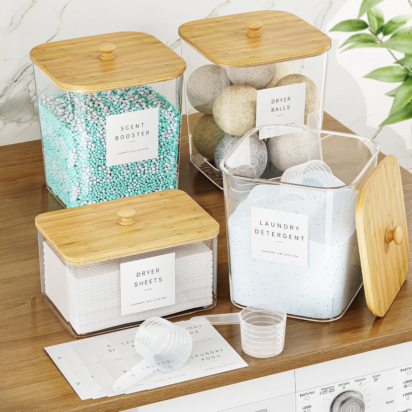 Moforoco 2+1 Pack Bamboo Laundry Pods Container, Clear Laundry Room Organization Containers,Large Laundry Detergent Powder Storage Containers Lids & Labels, for Scent Booster