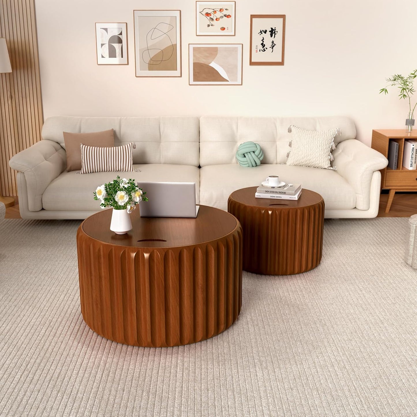 26" Round Nesting Coffee Table Set of 2 with Storage, A | Flip-Top Lid, Wood Veneer Tableop, Wood Groove, Non-Slip Pad, For Living Room, Nesting Design, 2-Piece End Table Sets