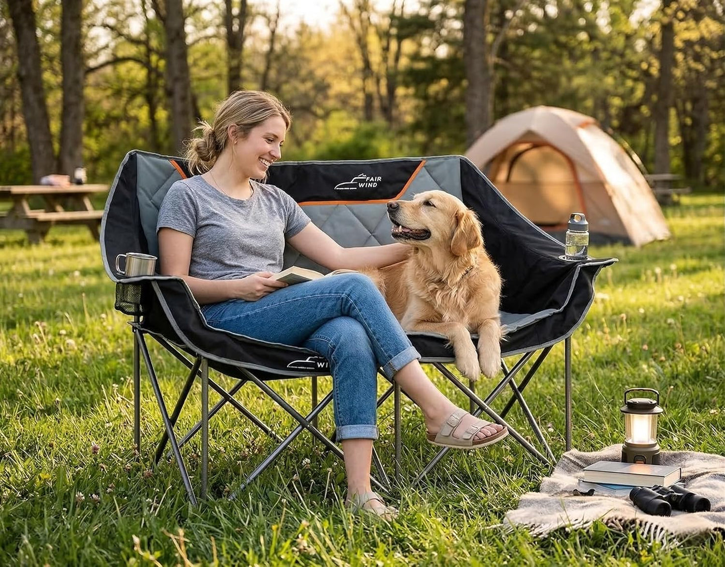 FAIR WIND Oversized Fully Padded Camping Chair Folding Loveseat Camping Couch Double Duo Chair Heavy Duty Quad Fold Arm Chair with Cup Hold - Supports 650 LBS Black