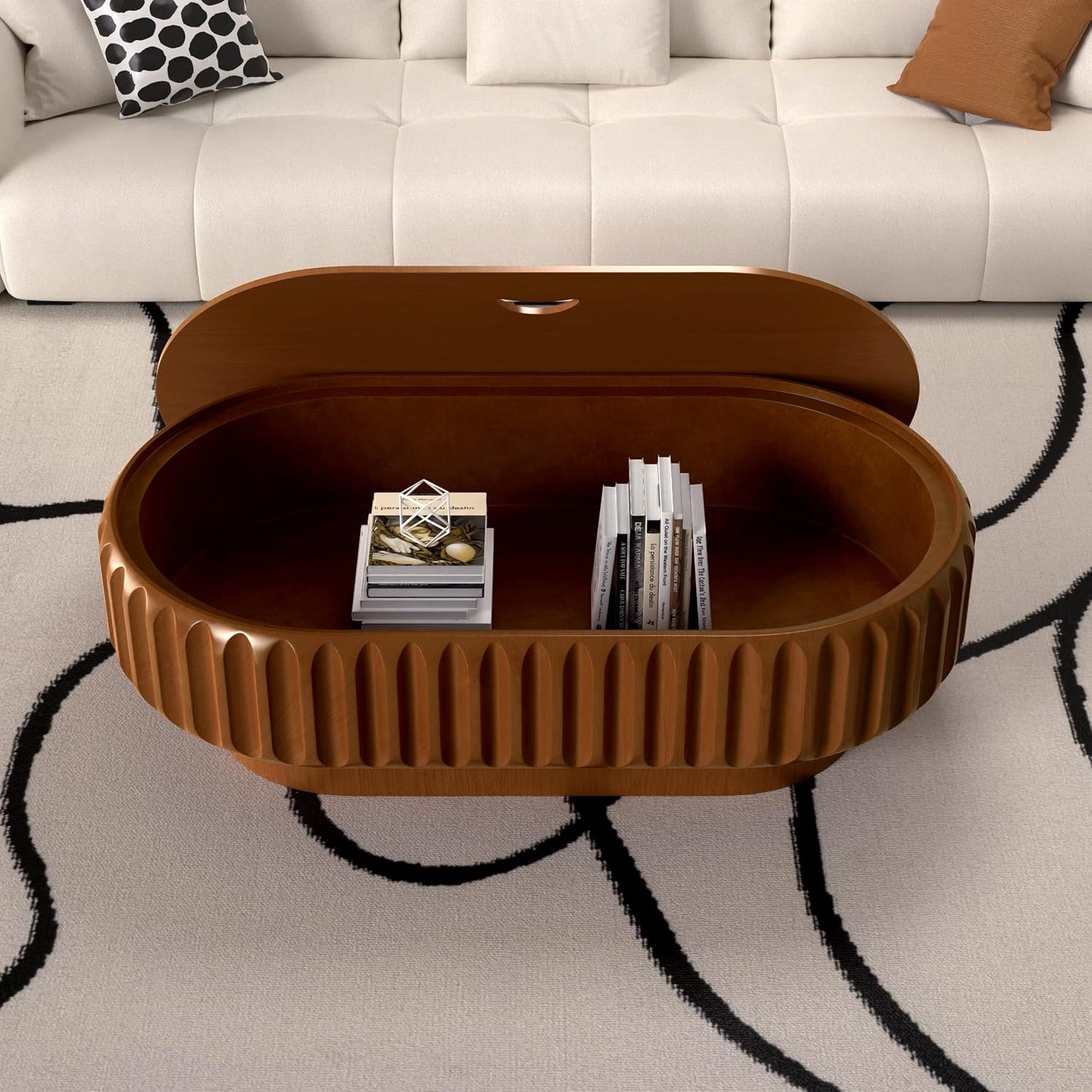 43.3" Oval Coffee Table with Storage (A Brown 43.3 in) | Fluted Coffee Table with Solid Wood Veneer, Mid Century Modern Wood Center Table, Accent Tea Table for Living Room Apartment