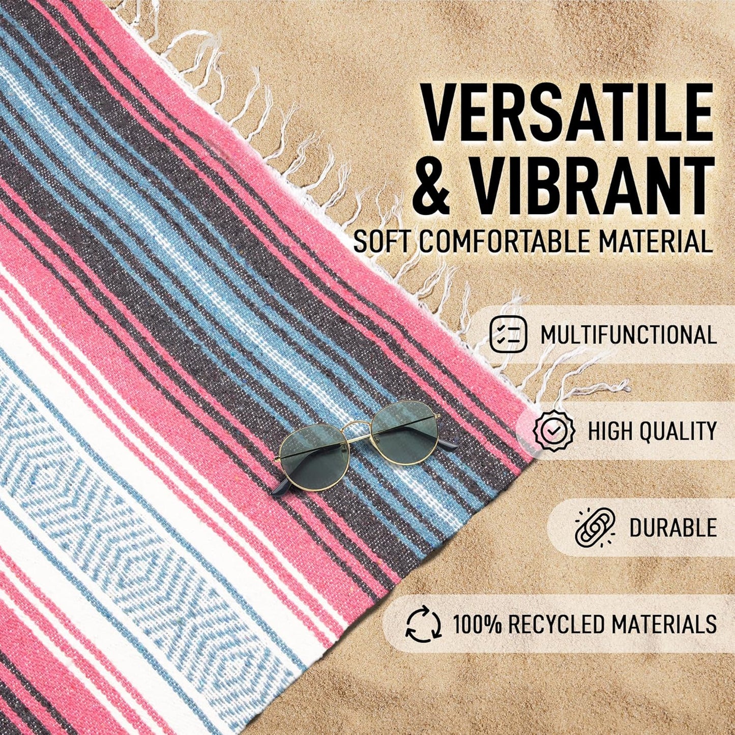 Hydration Nation Authentic Large Handwoven Mexican Striped Throw Blanket - Soft, Durable, Eco-Friendly - 70"x50" - Azure