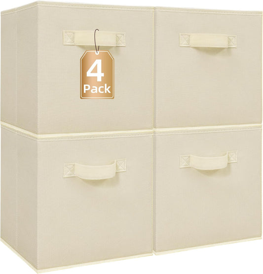 STORAGE MANIAC Storage Cubes, 11 Inch Collapsible Storage Bins with Handles, 4 Pack Fabric Foldable Bins for Organization, Durable Storage Bins for Closet, Shelves, Offices, 4-Pack Beige