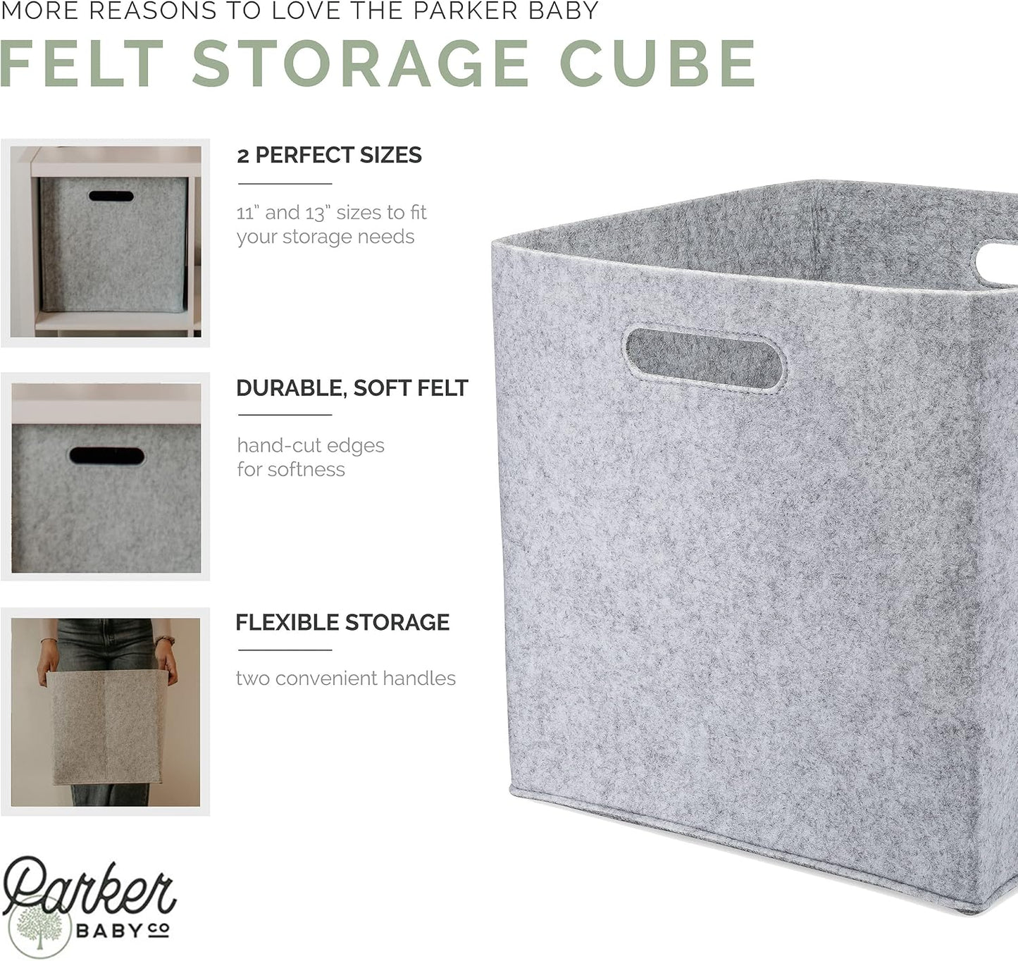 Parker Baby Co. Foldable Felt Storage Cube Bin, 11 Inch Storage Bin - Gray | Collapsible cubby basket stores diapers, toys, blankets & closet essentials. Soft felt fabric, flexible & foldable structure