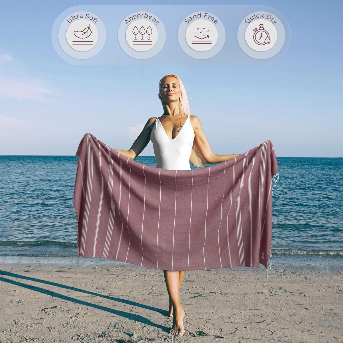 Ossano Turkish Beach Towel Soft & Luxury Extra Large (39" x 71") - Quick Dry, Versatile and Functional as Travel, Outdoor and Picnic Blanket, Yoga, Pool and Bath Towel - Magenta