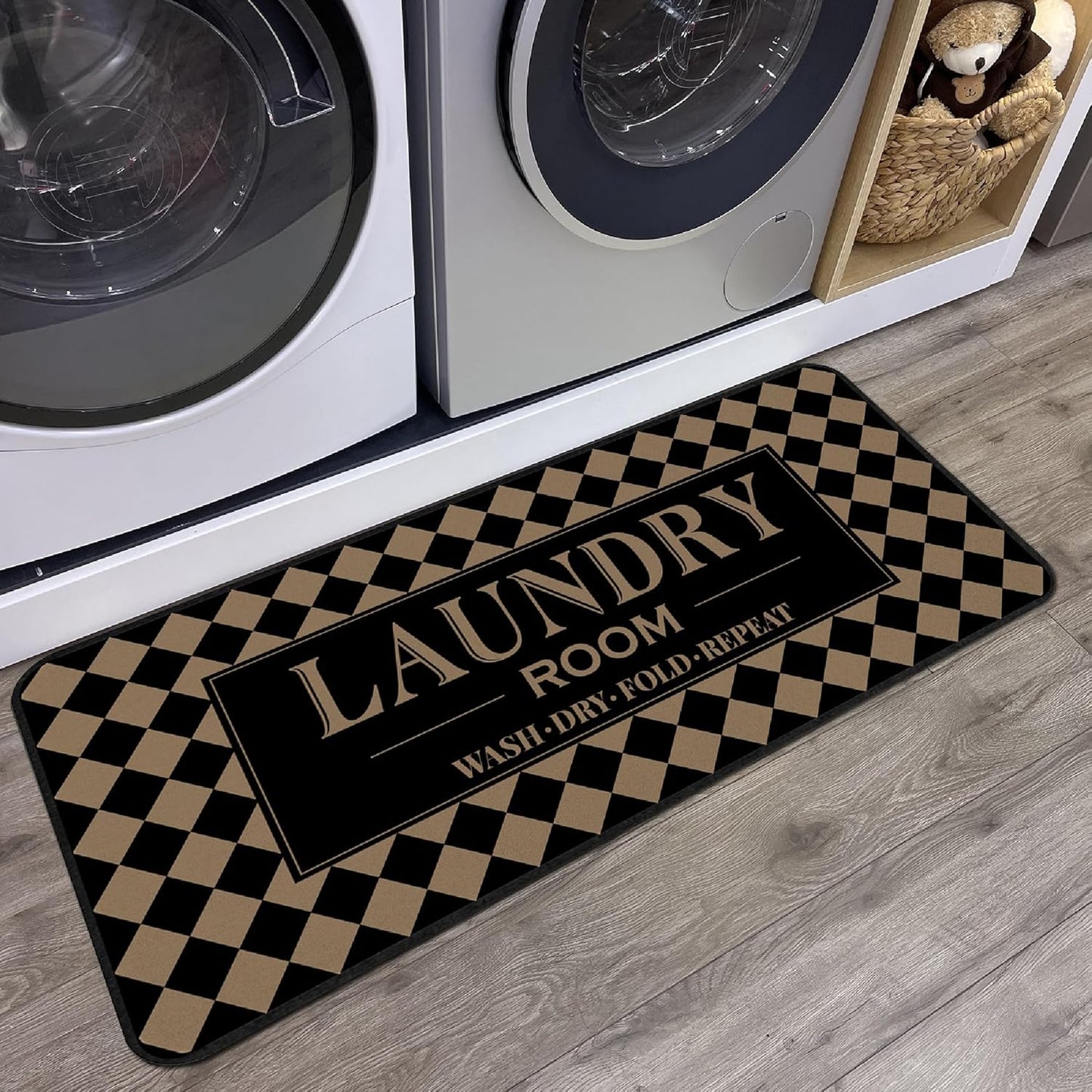 ROMAMIGO Laundry Room Rug Runner Non Slip Laundry Mats Mudroom Runner Laundry Room Decor Accessories Farmhouse Kitchen Floor Mat (Black Beige Checkered, 20 X 47 inch)