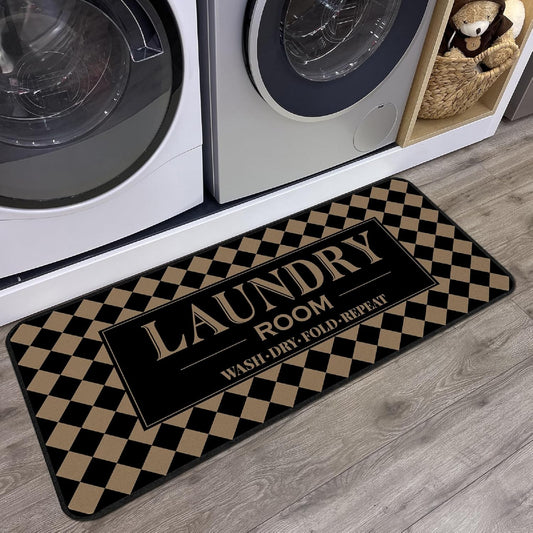 ROMAMIGO Laundry Room Rug Runner Non Slip Laundry Mats Mudroom Runner Laundry Room Decor Accessories Farmhouse Kitchen Floor Mat (Black Beige Checkered, 20 X 47 inch)