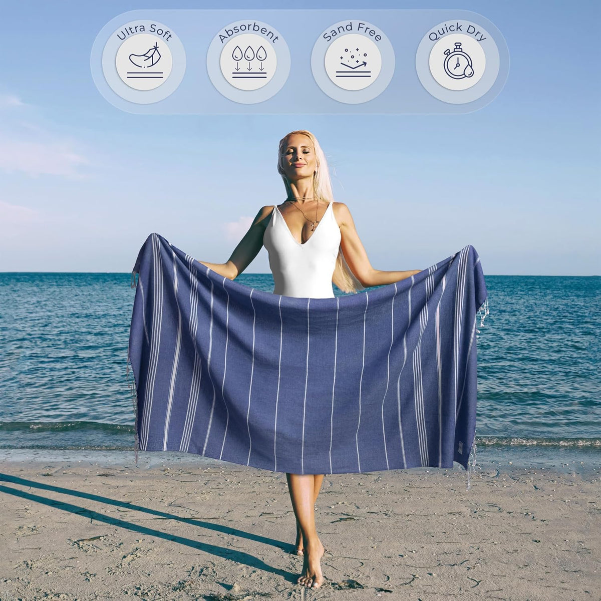 Ossano Turkish Beach Towel Compact & Soft Extra Large (39" x 71") - Quick Dry, Versatile and Functional as Yoga Mat, Picnic and Travel Blanket, Bath Towels/Vacation Essential - Indigo Blue