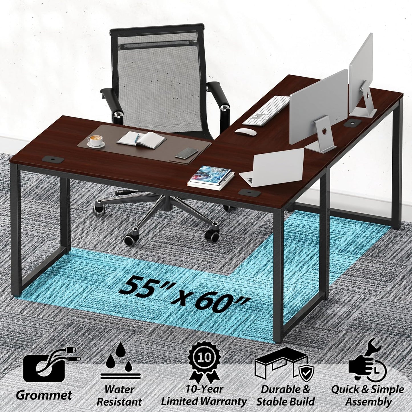 SHW 55 x 60 Inches Commercial-Grade L-Shape Corner Office Computer Desk, Cherry