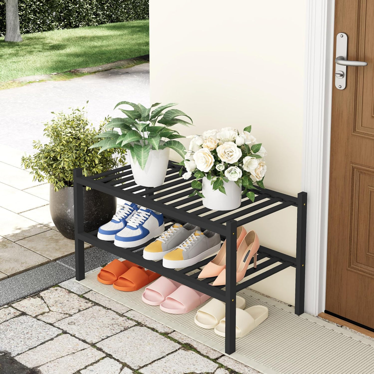 Smiry Bamboo Shoe Rack, 14 Vertical Slats, 2 Tier - 26.8" Wide, Brown