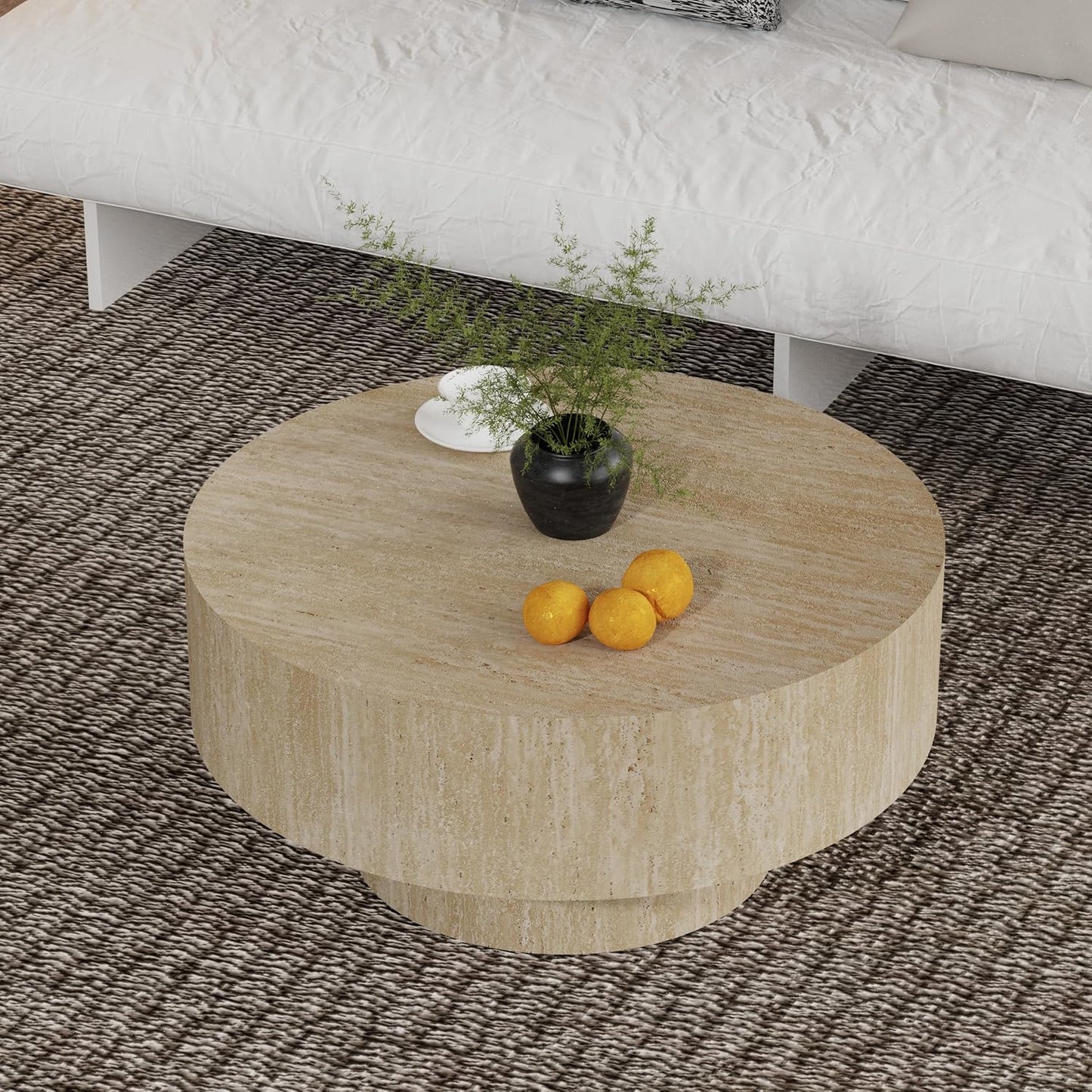 Round Fluted Coffee Table (Circle Travertine 29.9in) | Round Drum Coffee Table for Living Room Modern Circular Pedestal Center Table