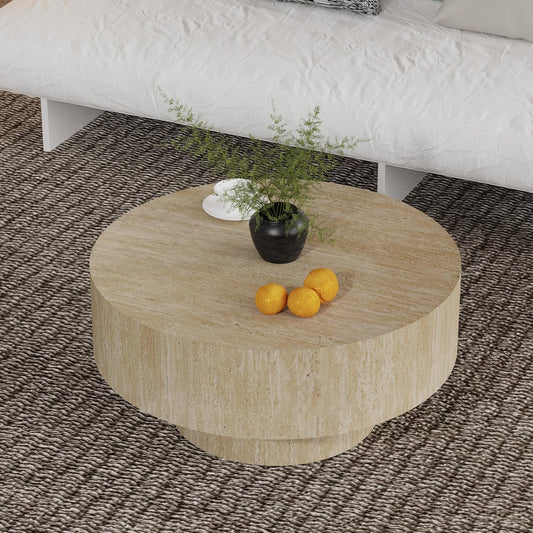 Round Fluted Coffee Table (Circle Travertine 29.9in) | Round Drum Coffee Table for Living Room Modern Circular Pedestal Center Table