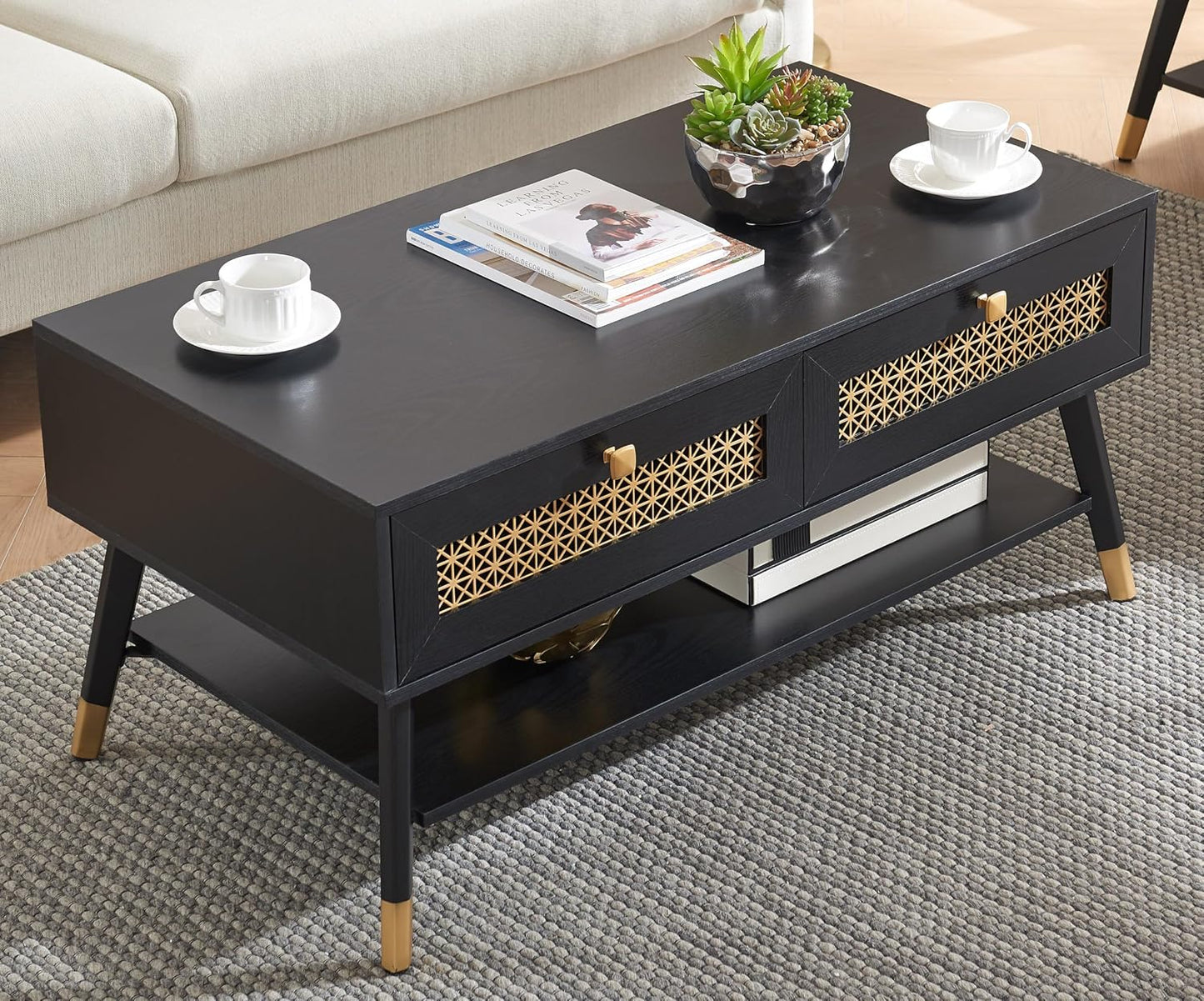 Mid Century Modern Coffee Table - Black Wood with Storage Drawers & Open Shelf, Compact Living Room Furniture for Small Spaces, 41.9" Wx21.6 Dx19.7 H