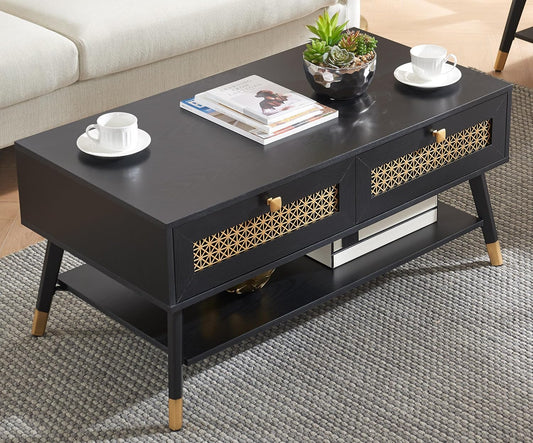 Mid Century Modern Coffee Table - Black Wood with Storage Drawers & Open Shelf, Compact Living Room Furniture for Small Spaces, 41.9" Wx21.6 Dx19.7 H