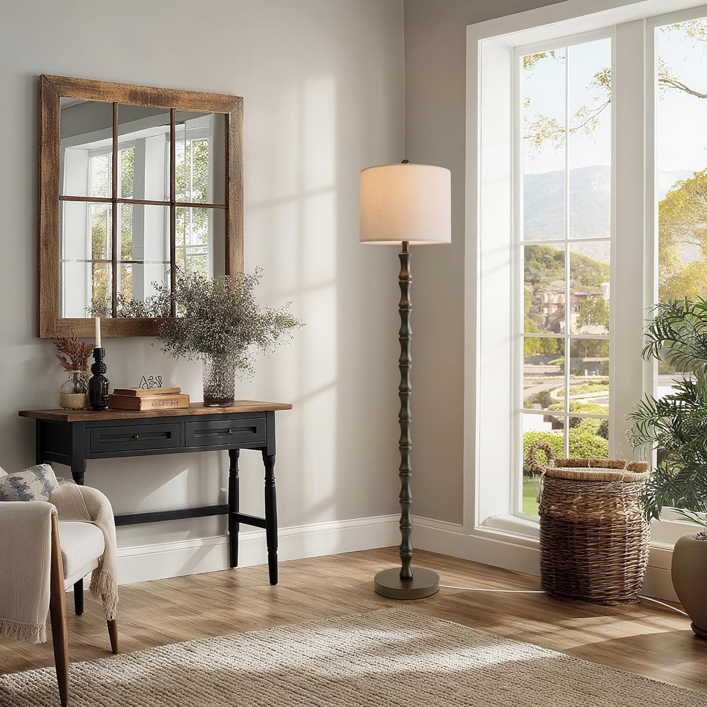 BOBOMOMO 62" Rustic Floor Lamp, Retro Farmhouse Standing Lamp with Rotary Switch, Resin Dark Brown Floor Lamp for Living Room, Bedroom, Corner, Nursery, Dining Room, House