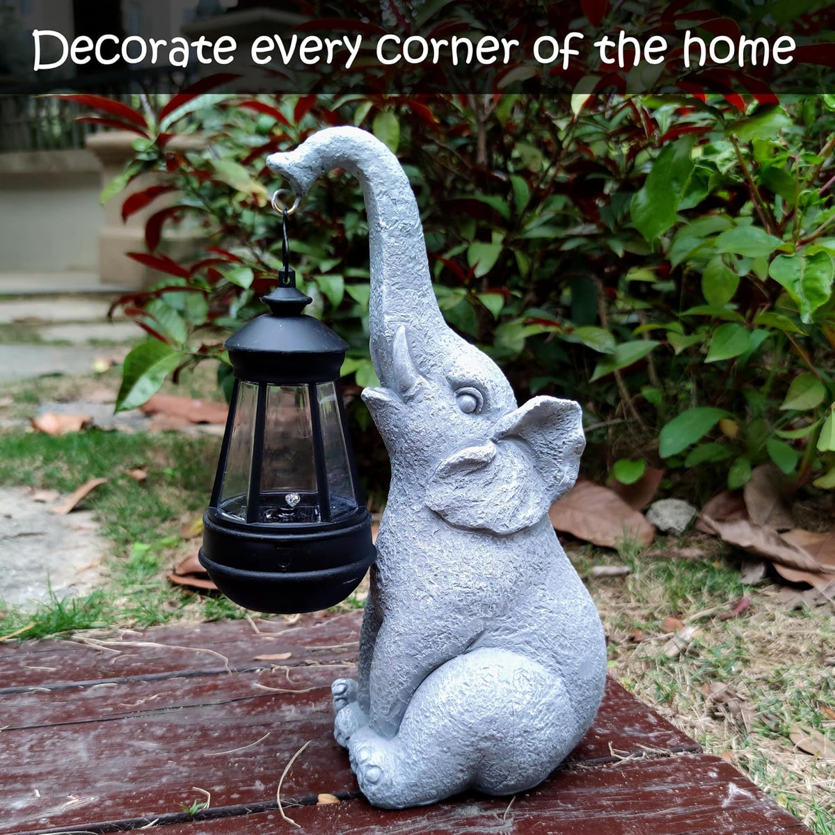 Elephant Solar Garden Statues,Resin Elephant Figurine Decorations with Solar Lights Lantern, Outdoor Figurines Lawn Garden Statue Decor Art for Lawn,Yard, Balcony Ornament.