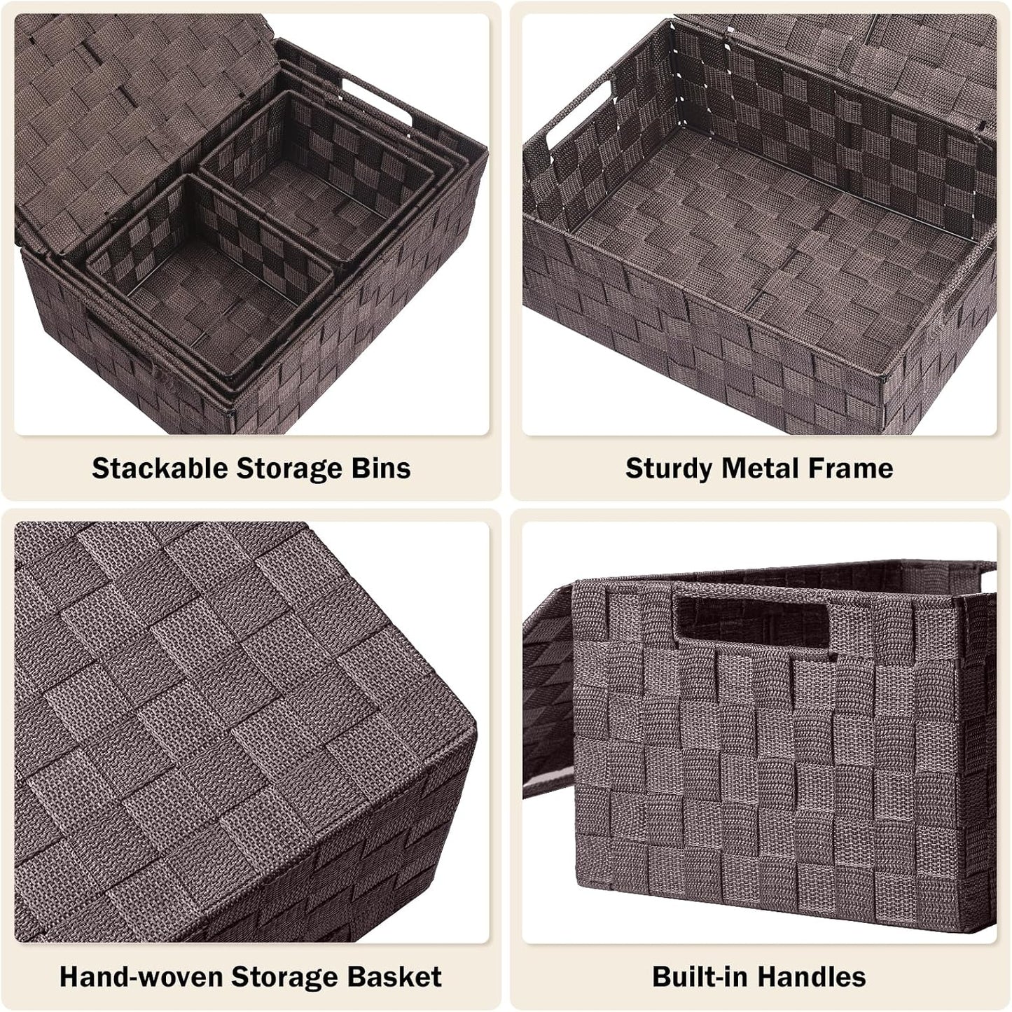 Storage Baskets with Lids: 5 Pack Stackable Woven Storage Bins, Brown