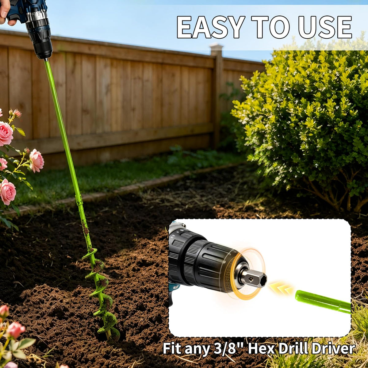 TCBWFY 2x32 Inch Auger Drill Bit for Planting - Long Handle Easy Planter Garden Auger - Bulb & Bedding Plant Augers - Post Hole Digger for 3/8”Hex Drive Drill