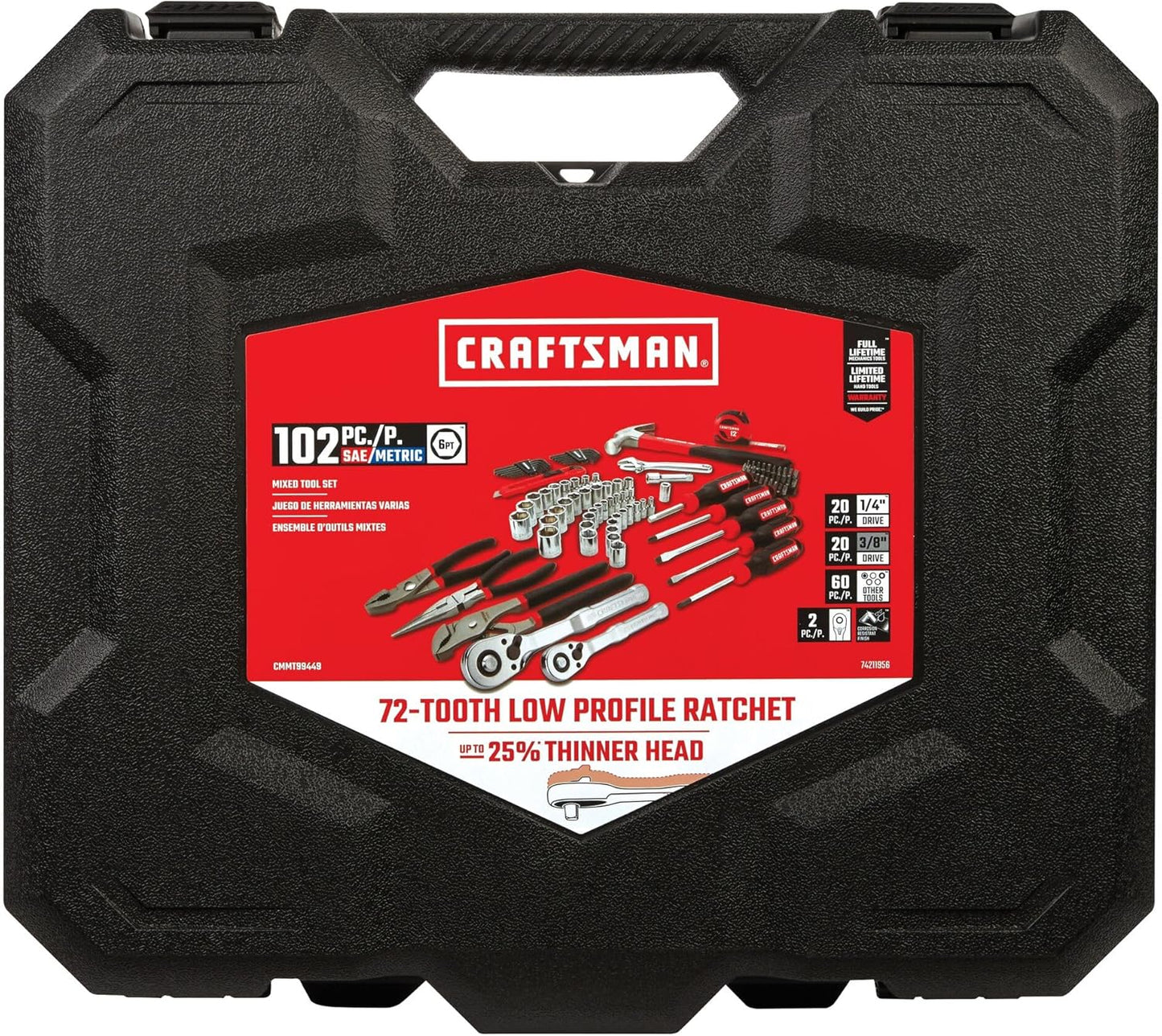 CRAFTSMAN 102-Piece Tool Kit for Home and Car, Durable Hand Tools Set with SAE and Metric Socket Set, Screwdrivers, Wrench, Hammer, Pliers, Knife, Hex Keys, Specialty Bits, Tape Measure (CMMT99449)