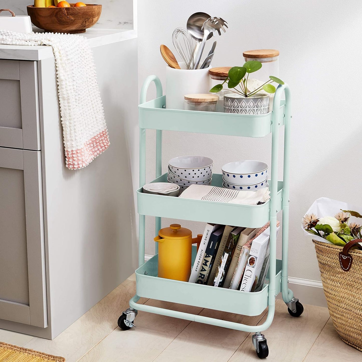 Amazon Basics 3-Tier Metal Rolling Utility Cart, Storage Organizer, Multi-Functional Kitchen Island Cart, Portable Shelving Unit with Caster Wheels, Mint Green