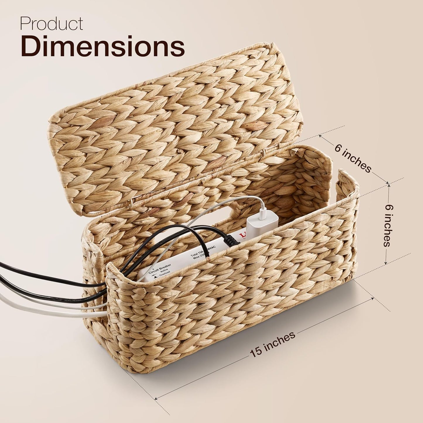TIDITA 15" L Wicker Cable Management Box with Lid, Natural Water Hyacinth | 2 Cable Slots, Protective Lid, For Standard Power Strip, No Assembly Required Cable Organizer Box, Desk Cord Hider for Office