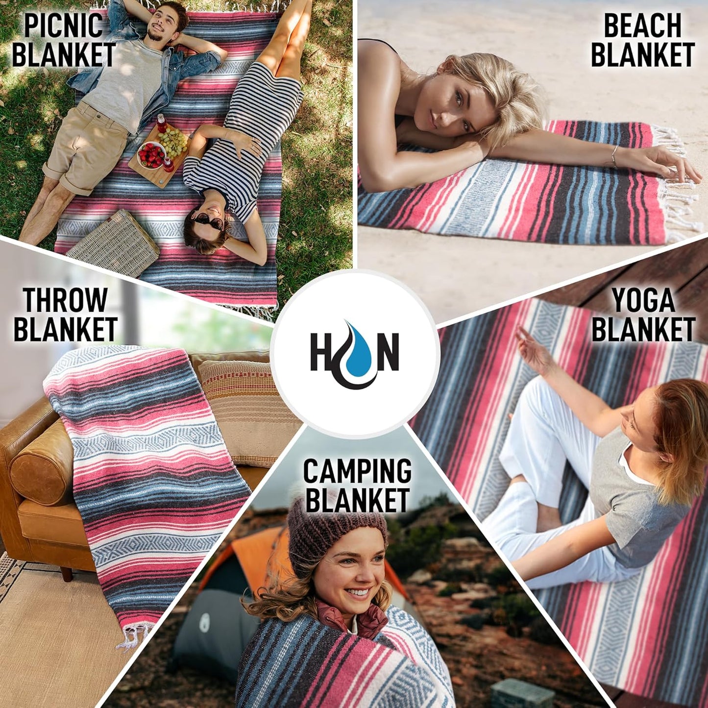 Hydration Nation Authentic Large Handwoven Mexican Striped Throw Blanket - Soft, Durable, Eco-Friendly - 70"x50" - Azure