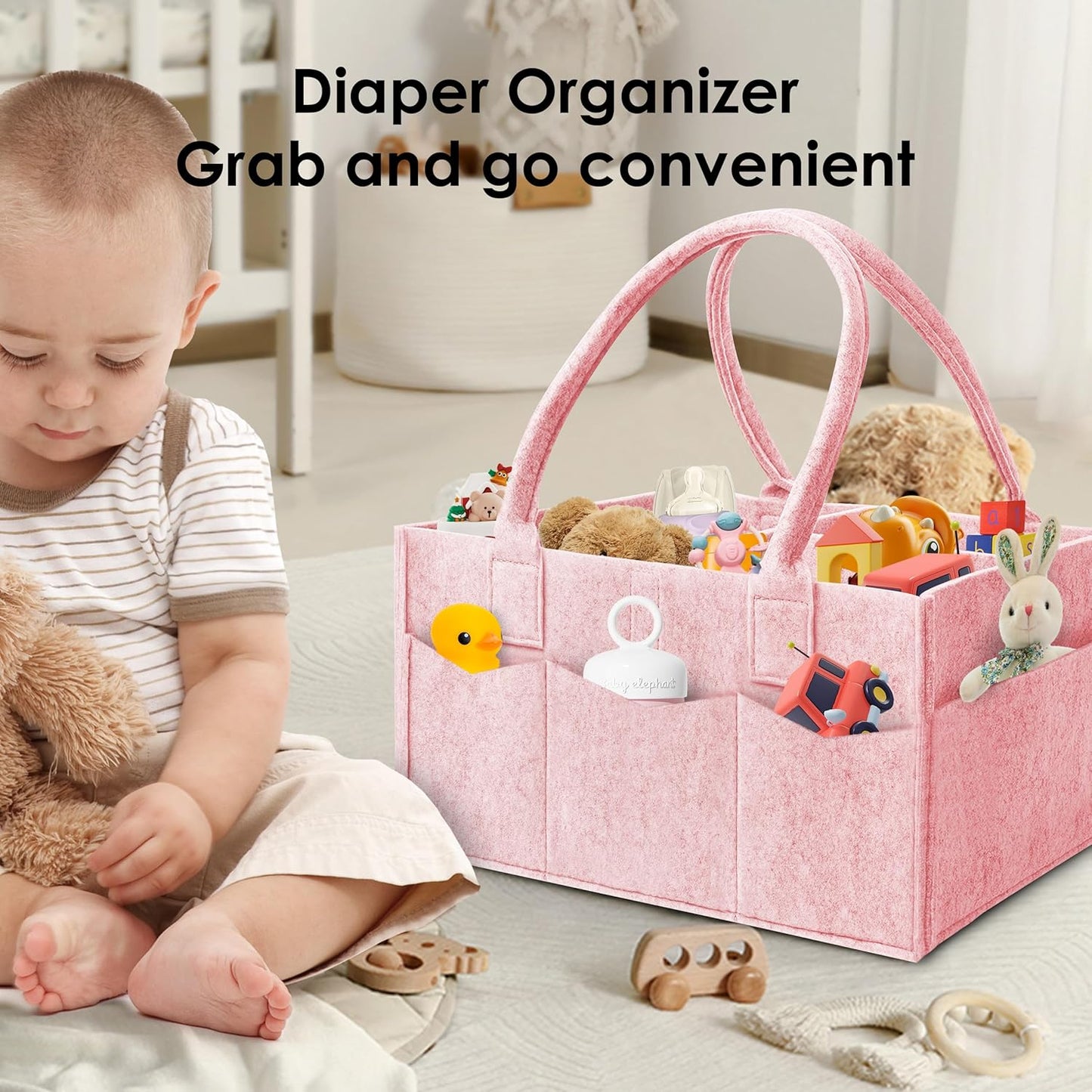 HIPHOP PANDA 2-Pack Diaper Caddy Organizer - Nursery Storage Bin & Car Organizer for Diapers, Wipes, and Baby Essentials - Dual-Color Solid Set (Pink/Oatmeal), Regular Size