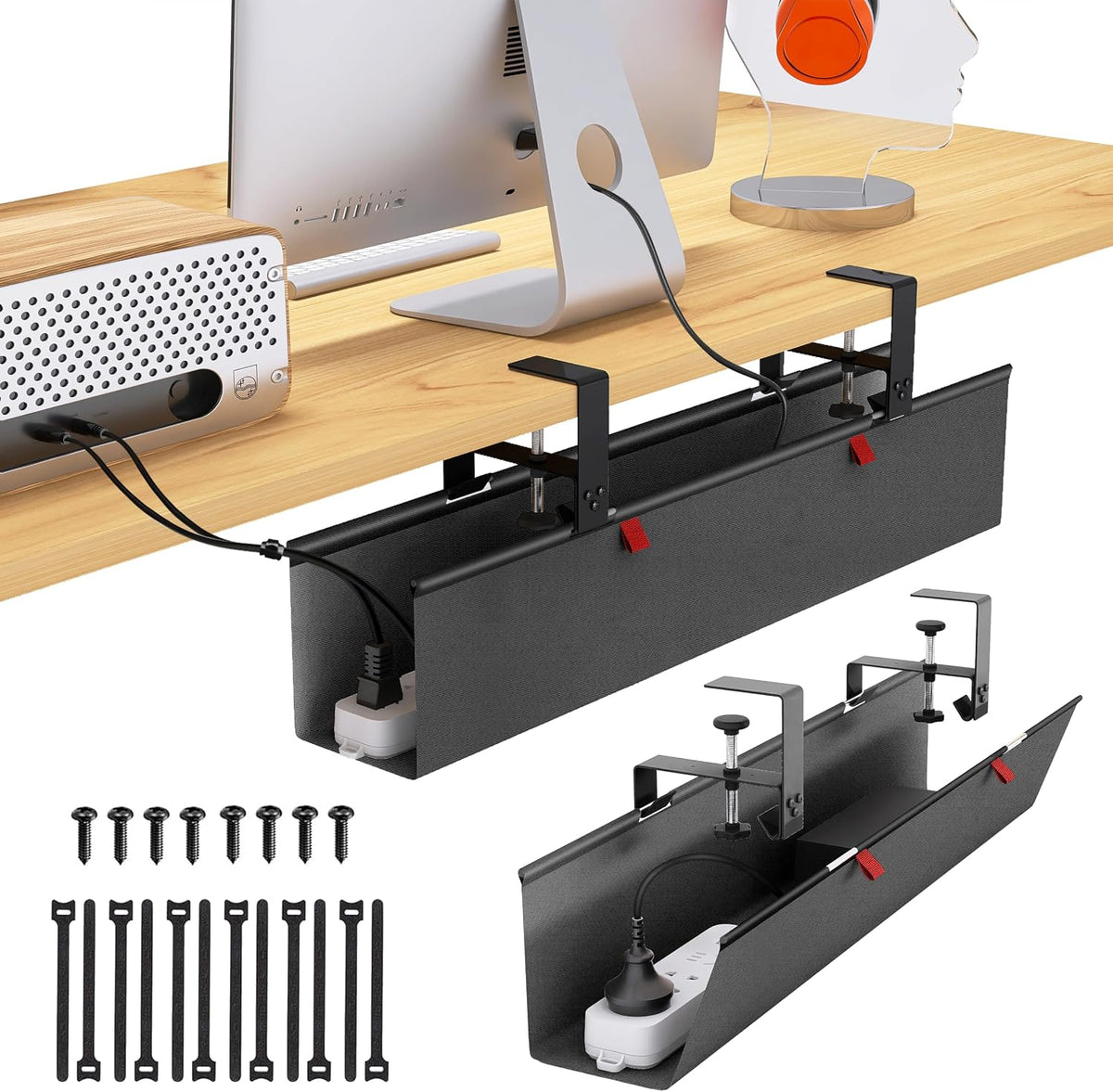 Under Desk Cable Management Tray - Under Desk Cord Management - Clamp/Screw Mount - Fabric Wire Management - Cable Raceways Tray Cord Hiders for Office/Home (Black, 28.5×5.6")