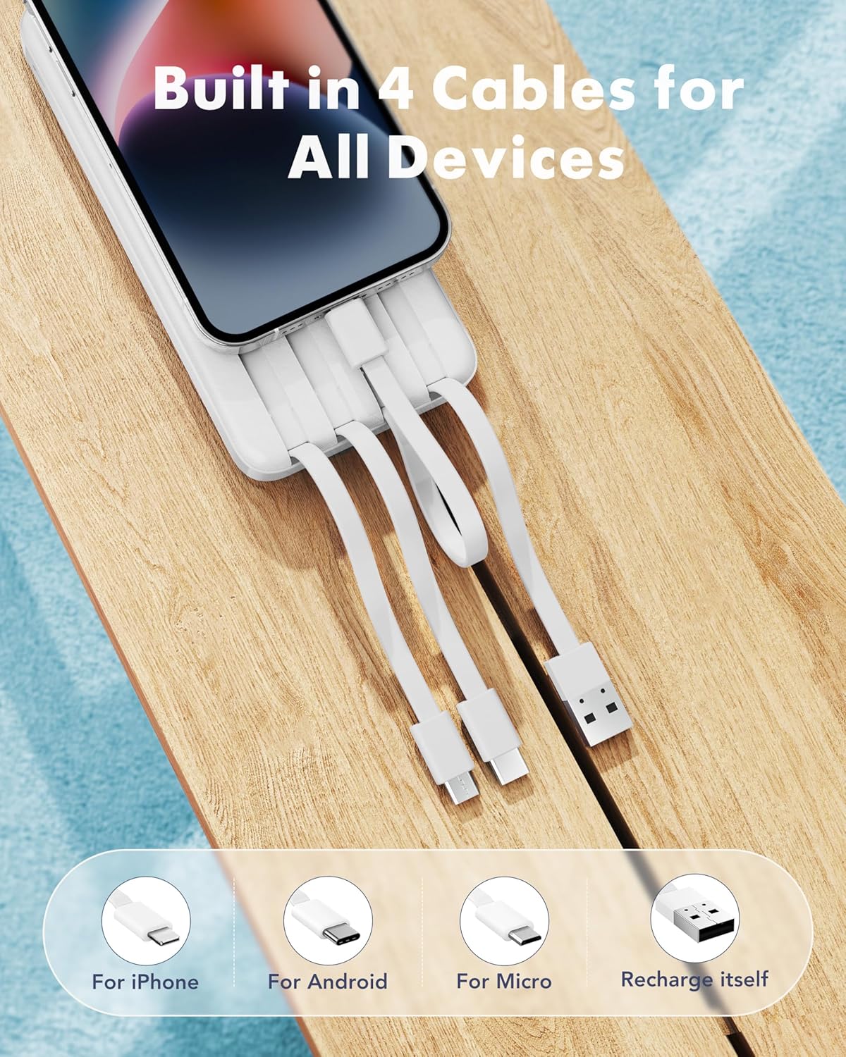 charmast Portable Charger with Reinforced Built-in 4 Cables,10000mAh Power Bank Travel Essentials 6 Outputs 3 Inputs 3A Fast Charging Compatible with iPhone iPad Samsung Google Pixel LG Moto etc.
