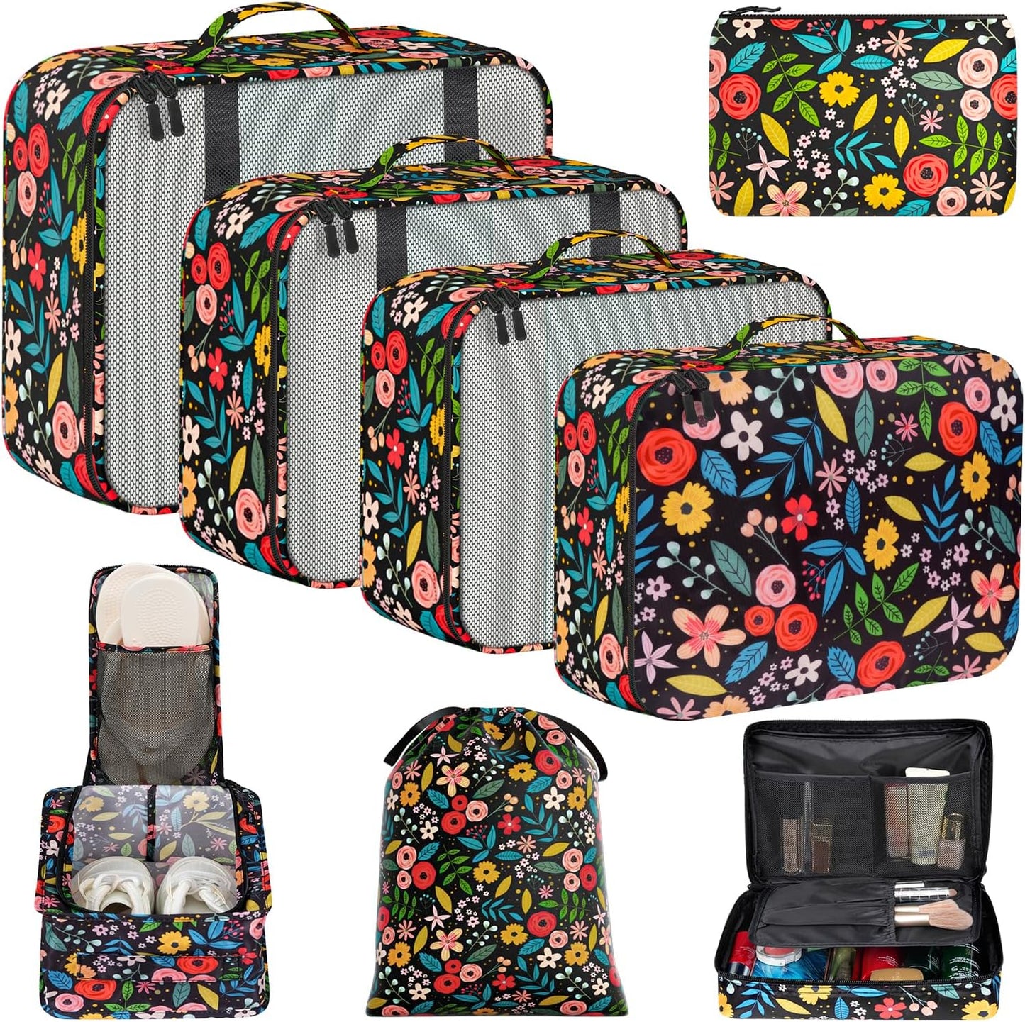 BAGAIL 8 Set Packing Cubes Luggage Packing Organizers for Travel Accessories-Black Floral