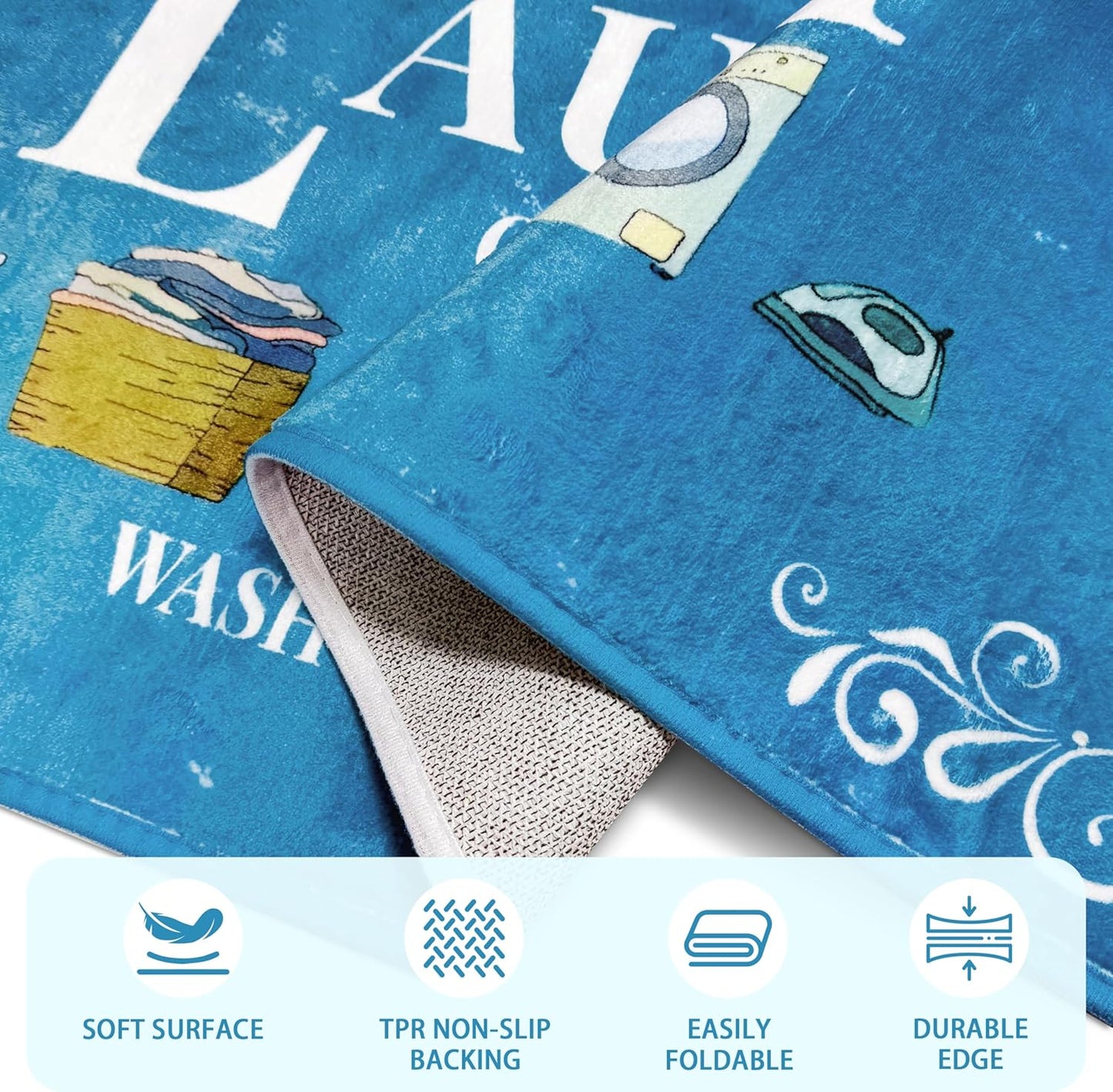 Washable Laundry Room Rug, 20"X47" Non Slip Laundry Mat Runner Soft Low-Pile Laundry Room Organization Farmhouse Decor Area Rug for Entryway Hallway Kitchen Bathroom Blue
