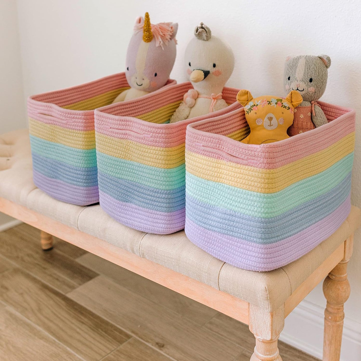 OrganiHaus Rainbow Baskets for Shelves, Set of 3, 15x9x10 | Colorful, handwoven cotton rope; a toy bin for playroom, classroom, or girls' room decor; great for nursery too